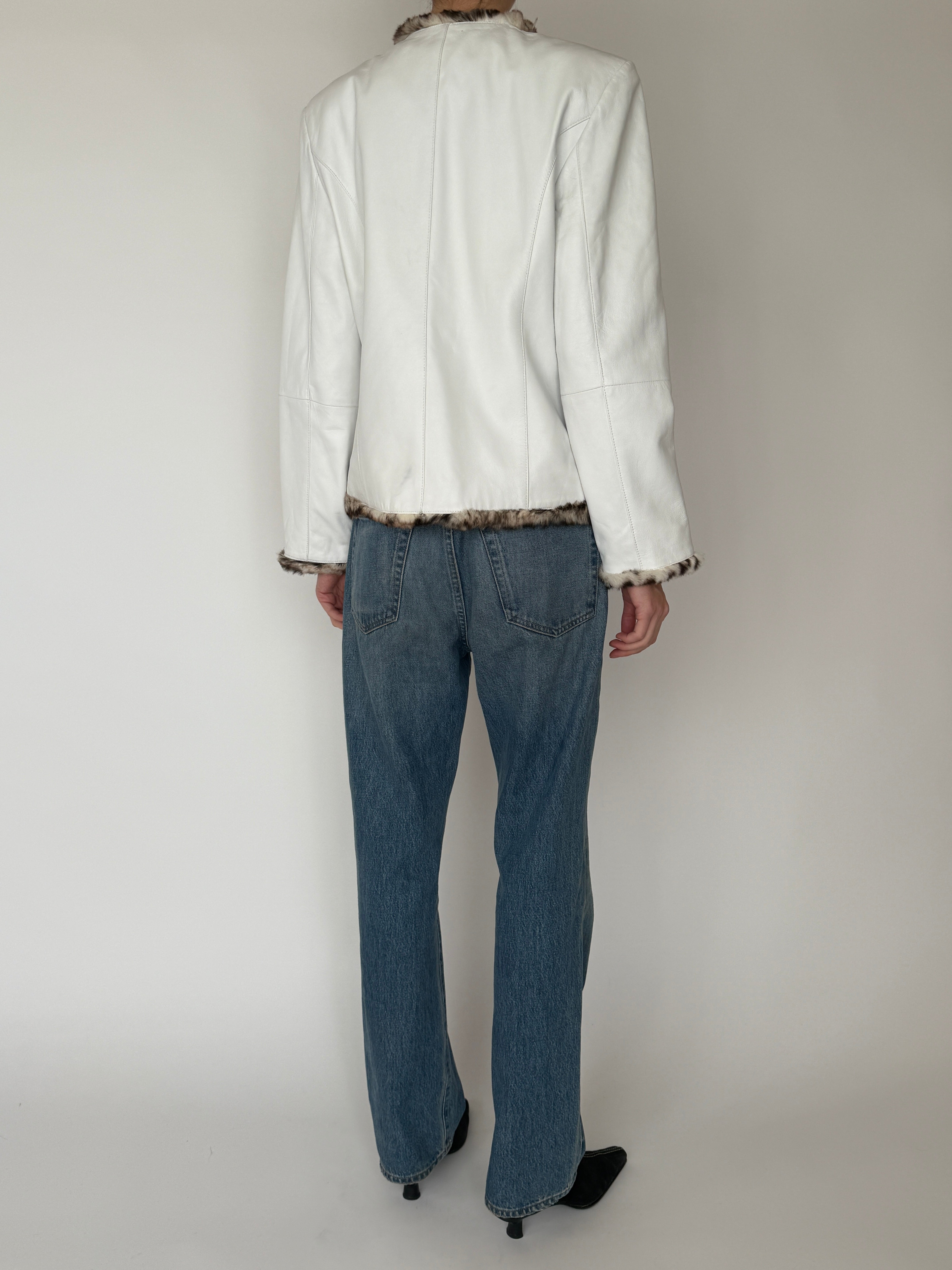 Vintage ivory leather jacket with fur trim back view