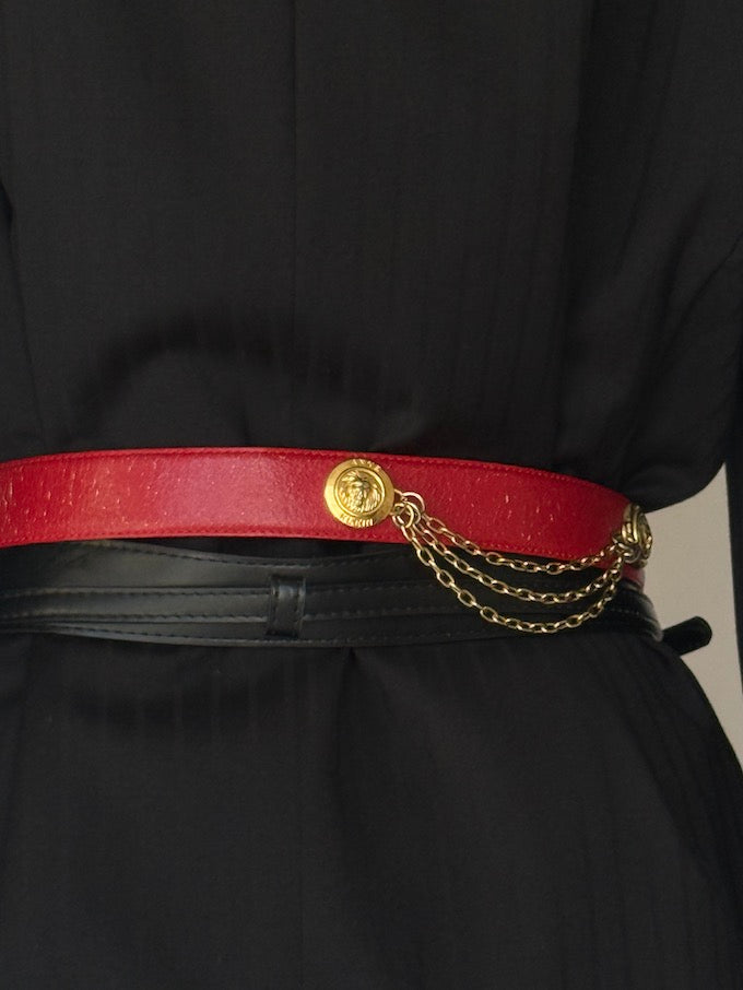 Vintage Red Chain Detail Belt with Gold Hardware