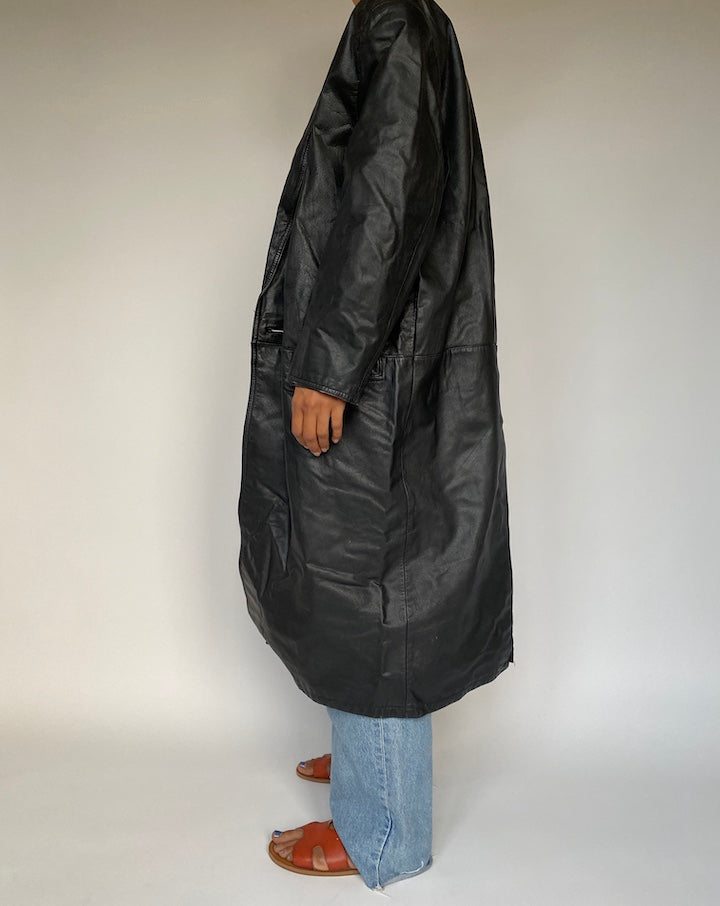 VINTAGE LONG BLACK LEATHER COAT 2892