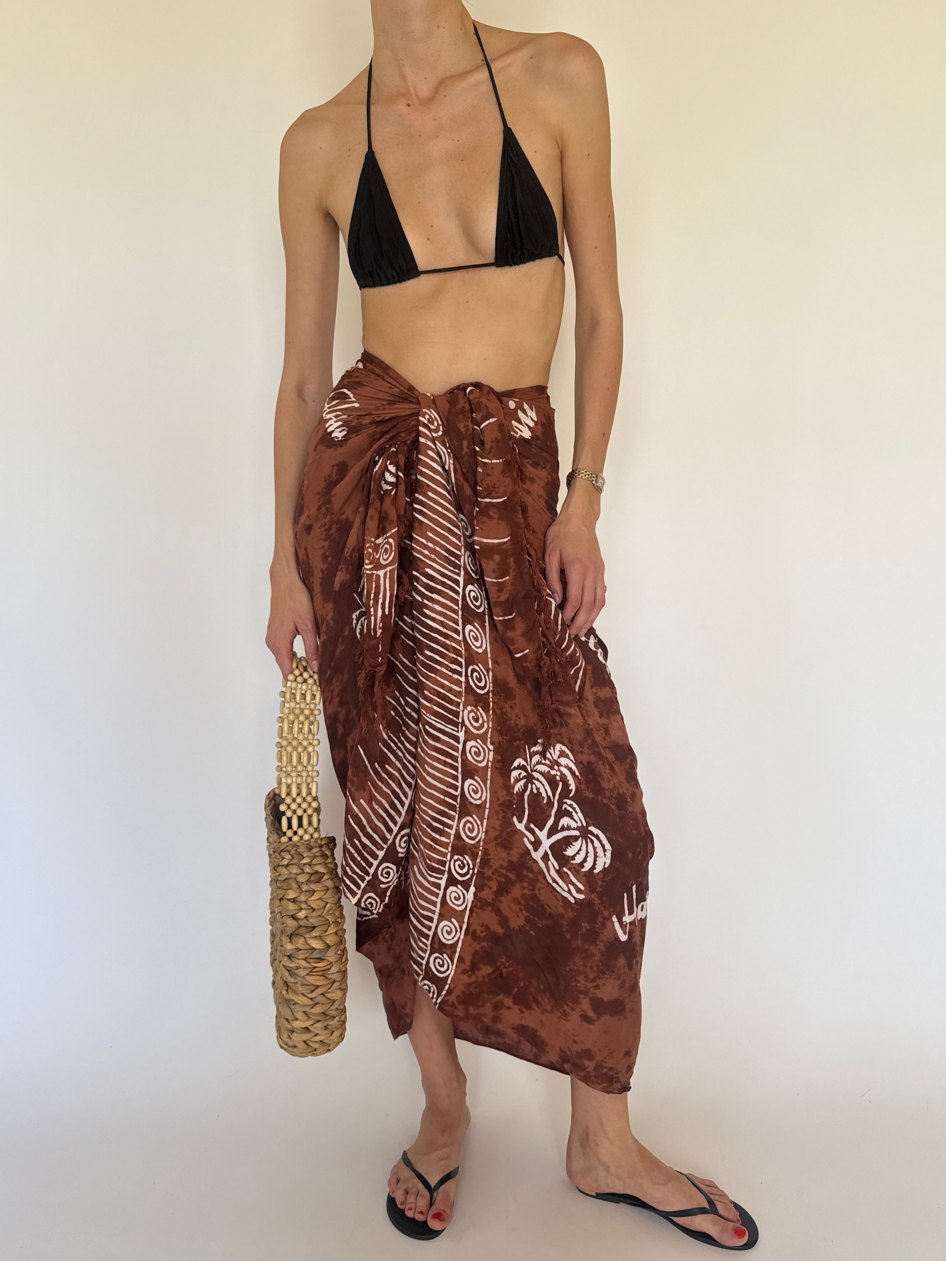 Vintage brown tropical print sarong wrap skirt front view