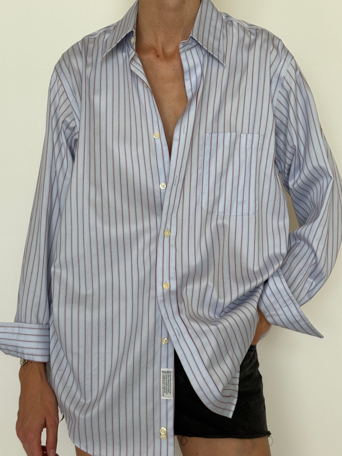 Vintage Oversized Striped Cotton Button-Up Shirt Light Blue 7925