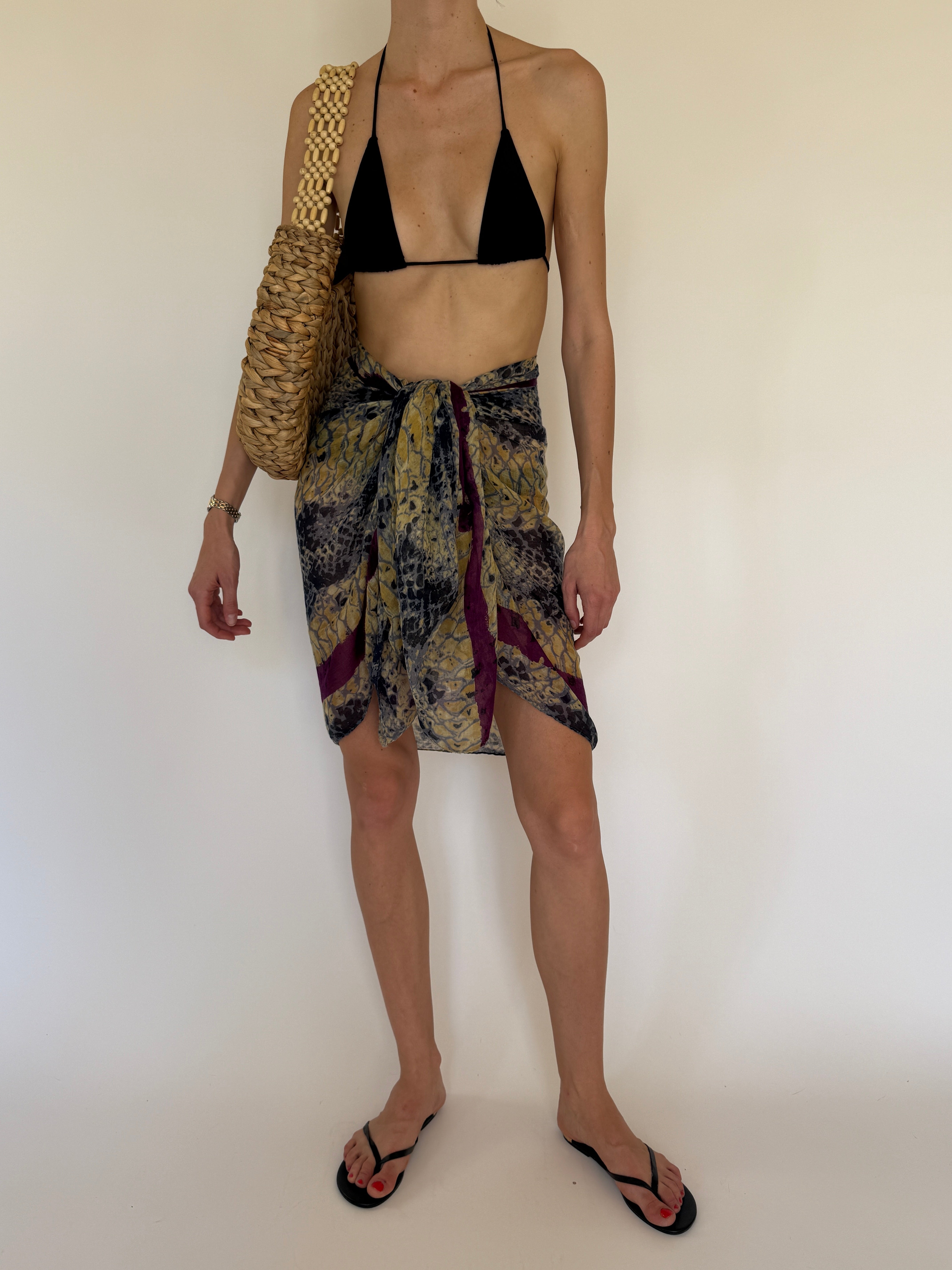 Vintage printed sarong wrap skirt mustard purple tie detail