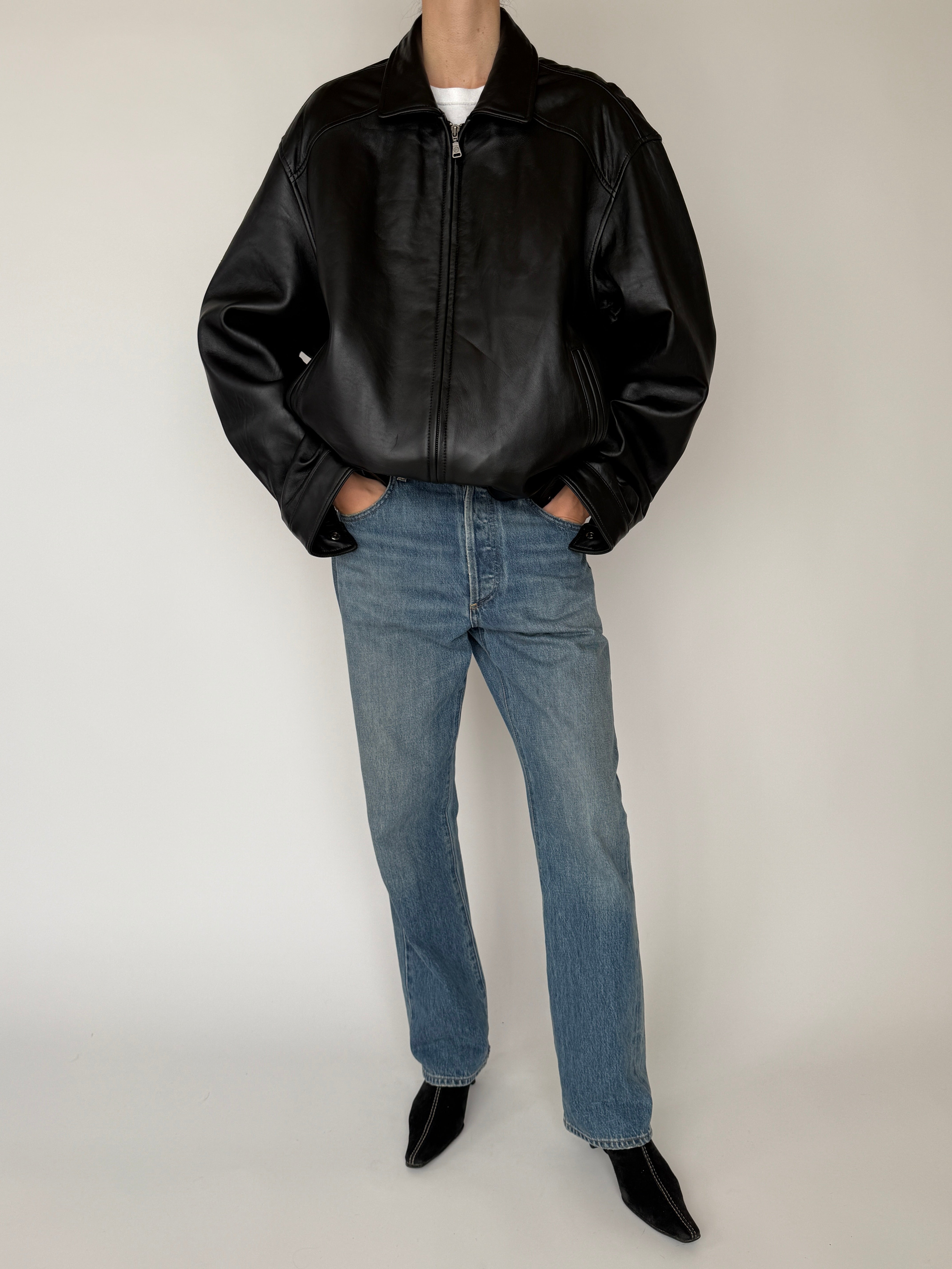 Vintage black leather jacket front view