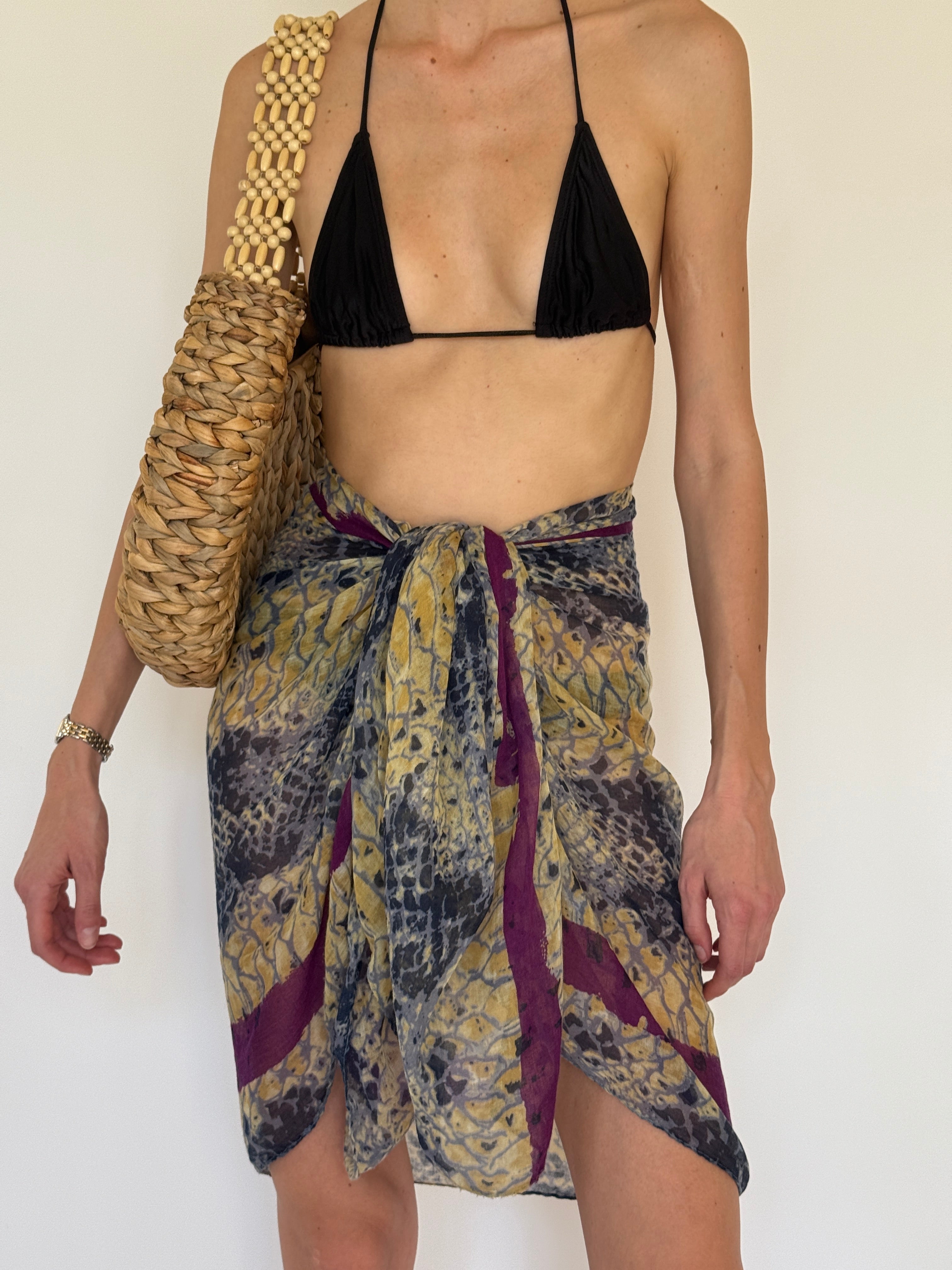 Vintage printed sarong wrap skirt mustard purple front view