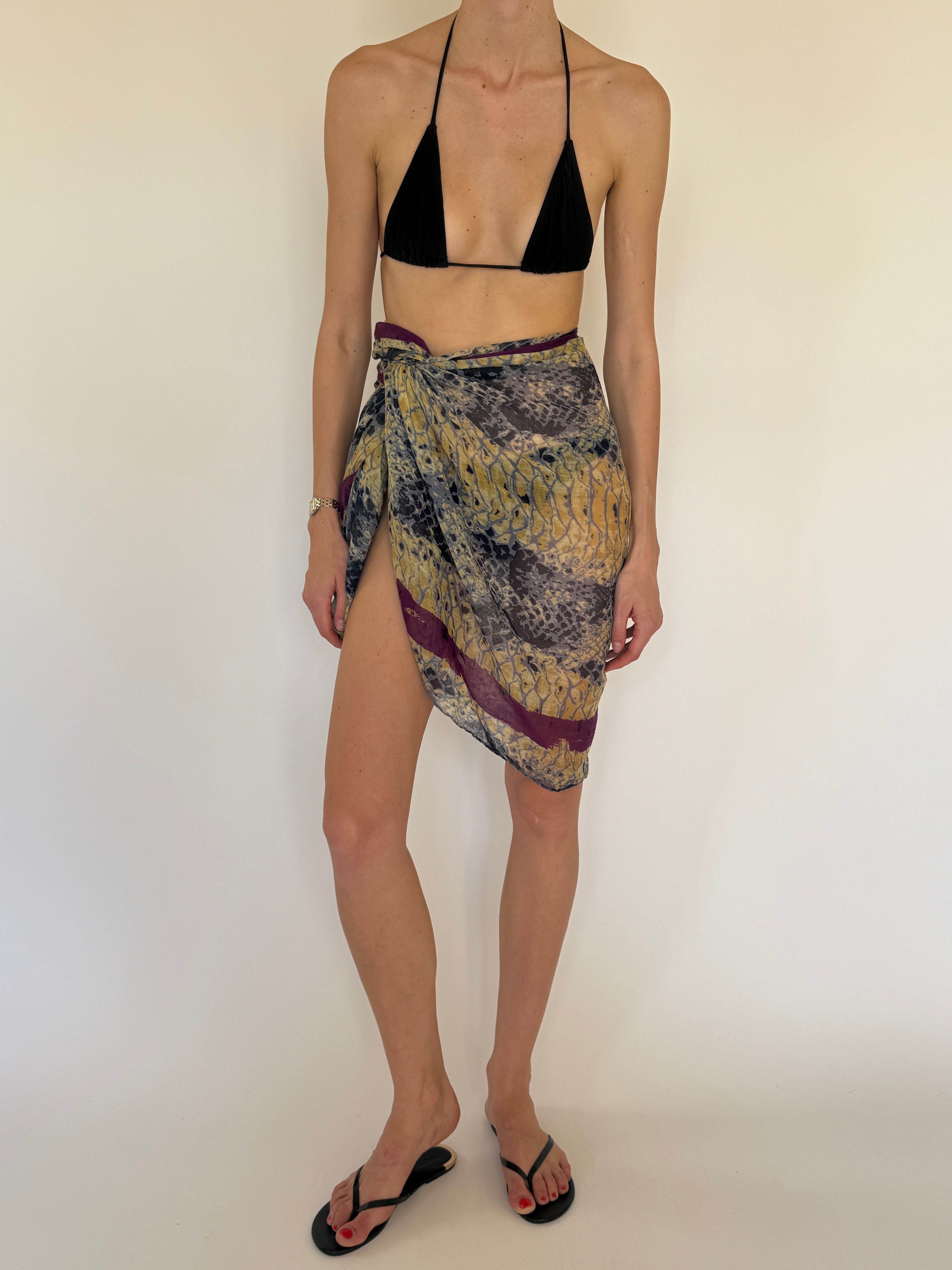 Vintage printed sarong wrap skirt mustard purple tie detail