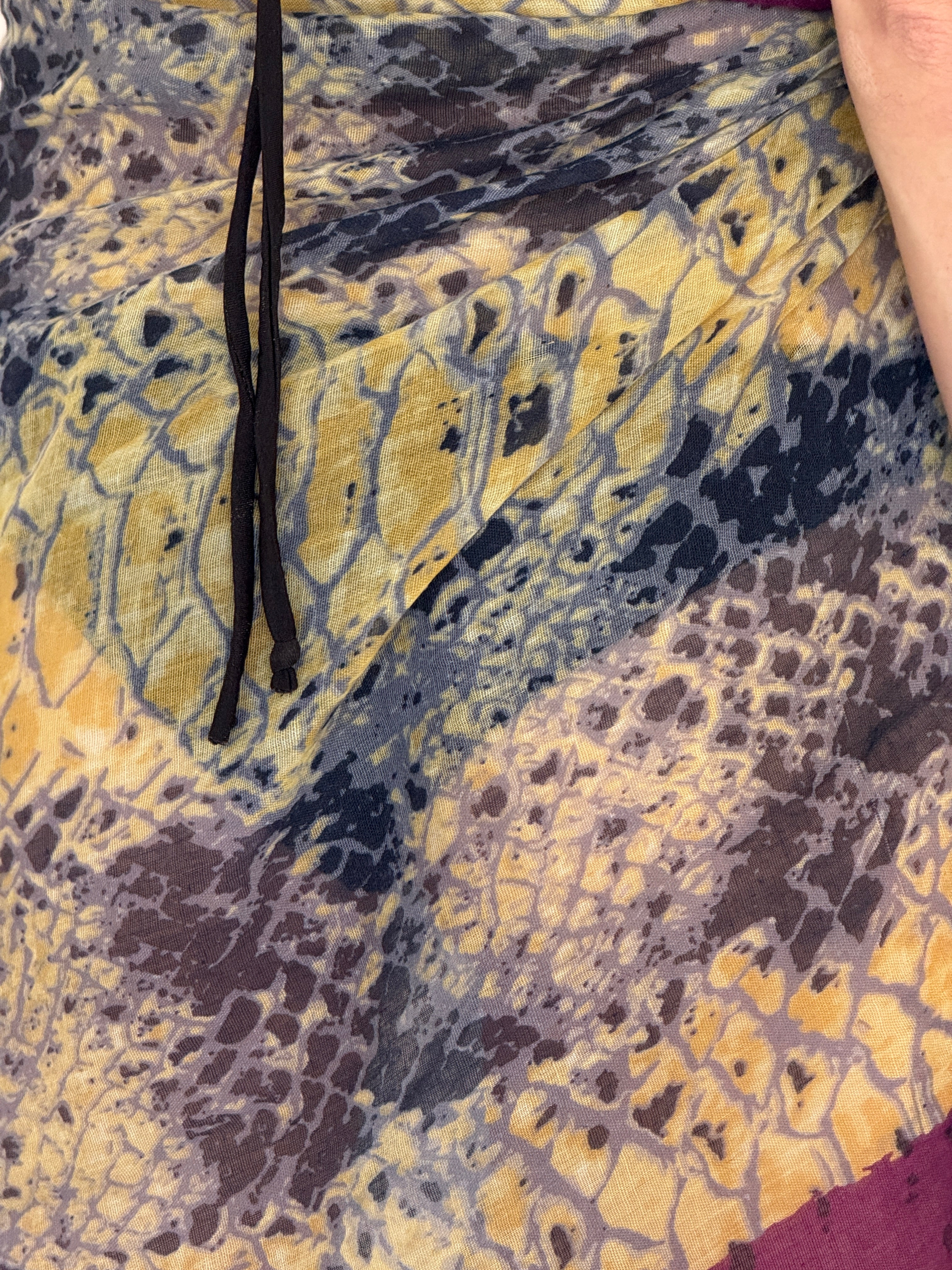 Vintage printed sarong wrap skirt mustard purple fabric detail