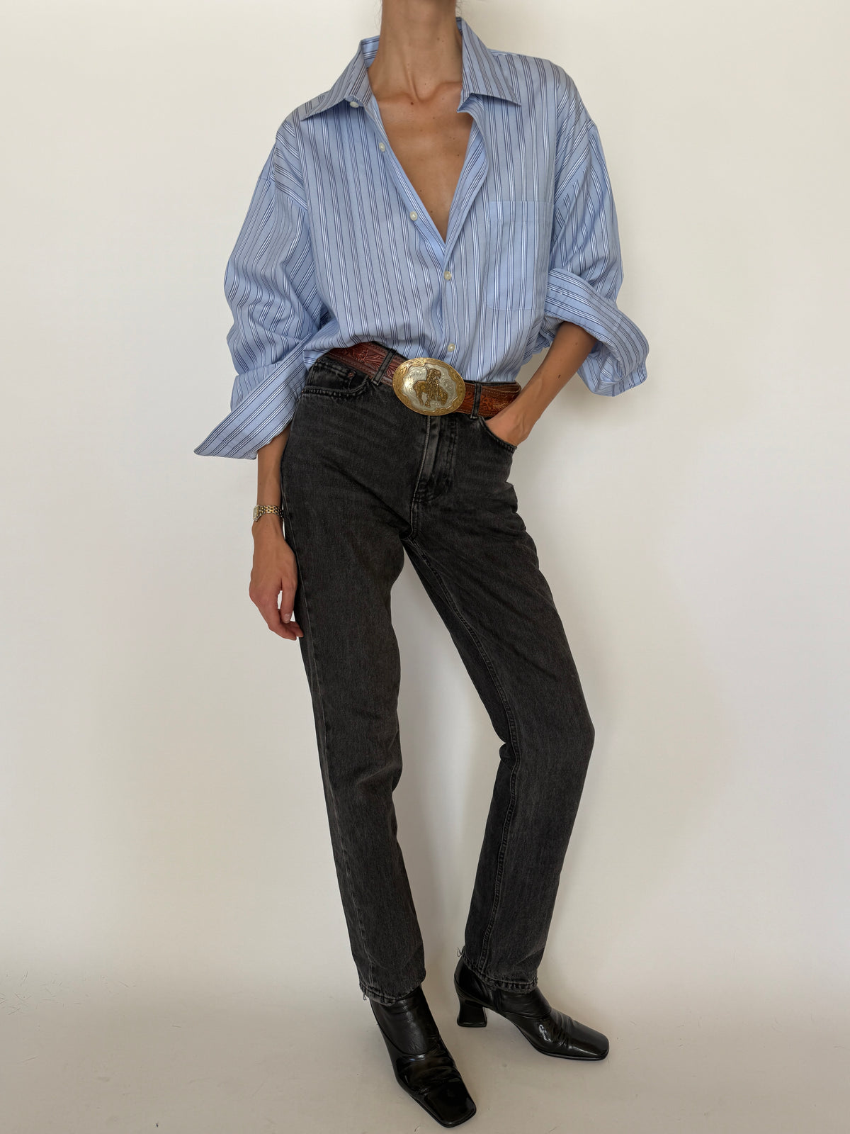 Vintage Oversized Striped Button-Up Shirt Blue 7921