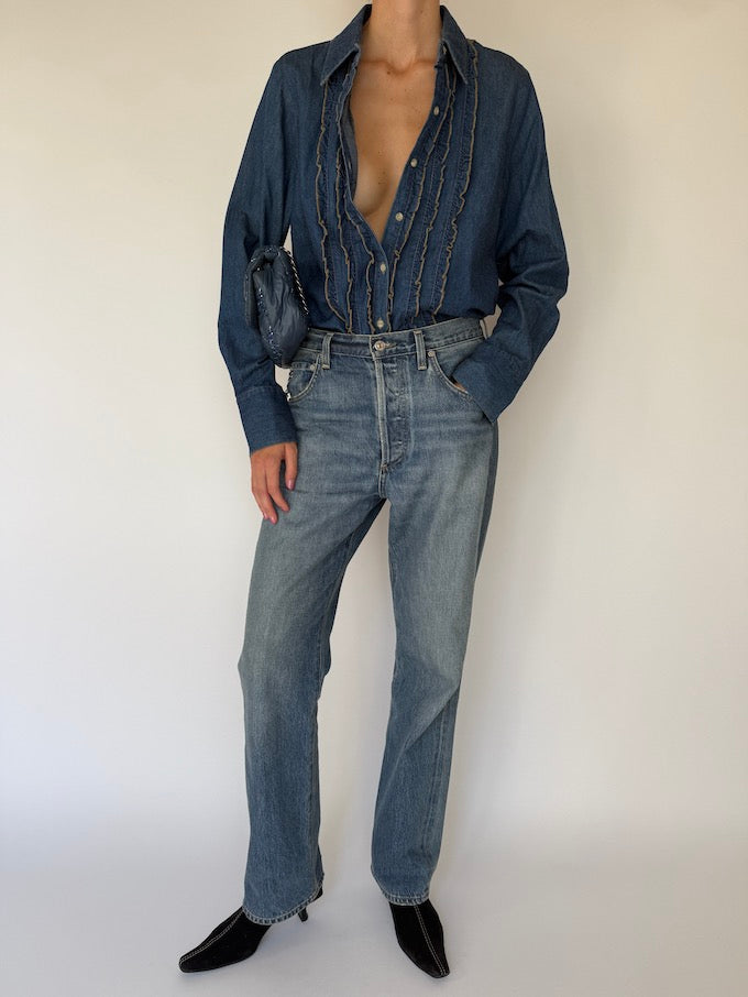 Vintage western-inspired ruffled denim shirt 6336