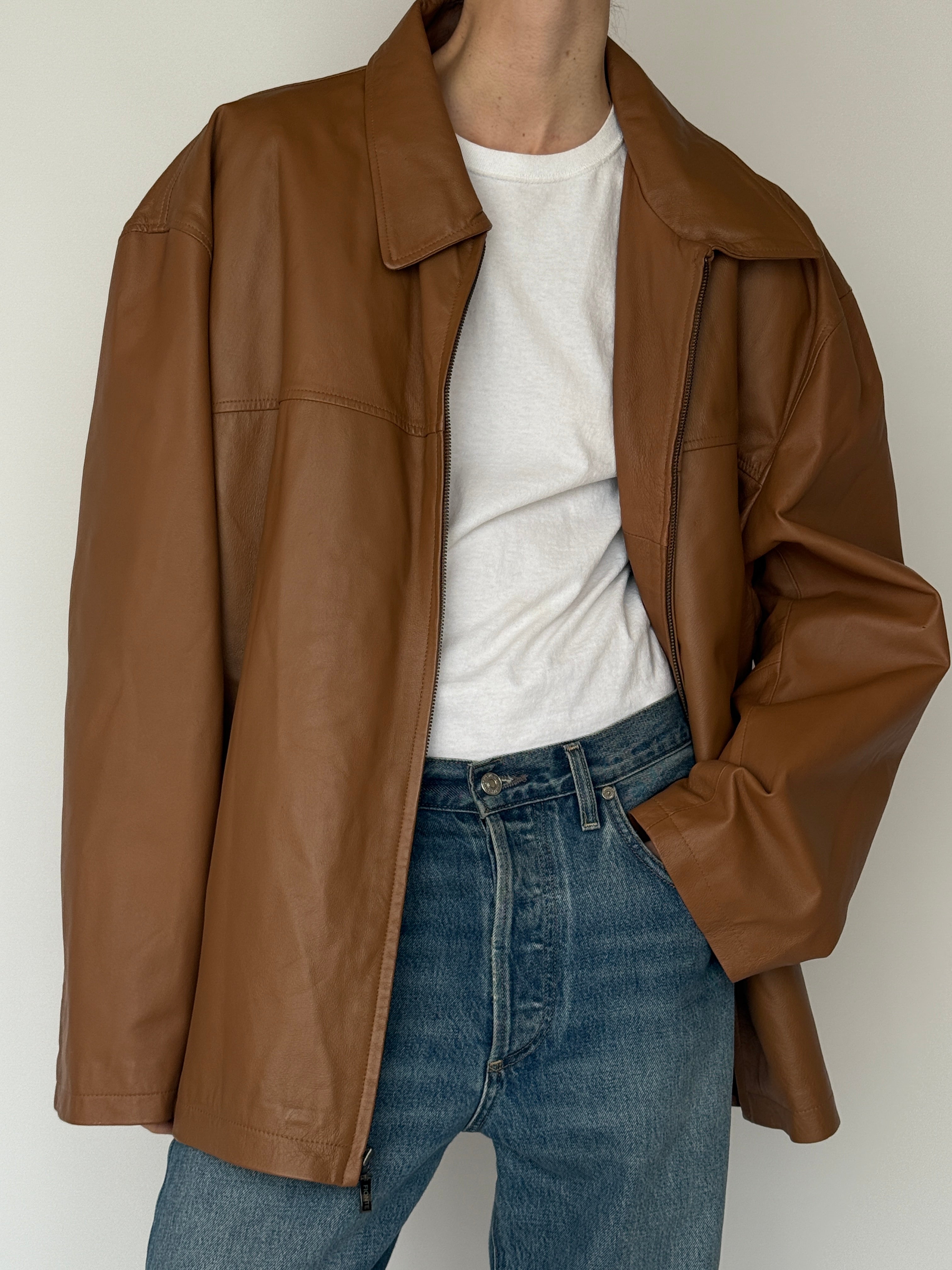 Vintage brown leather jacket collar detail