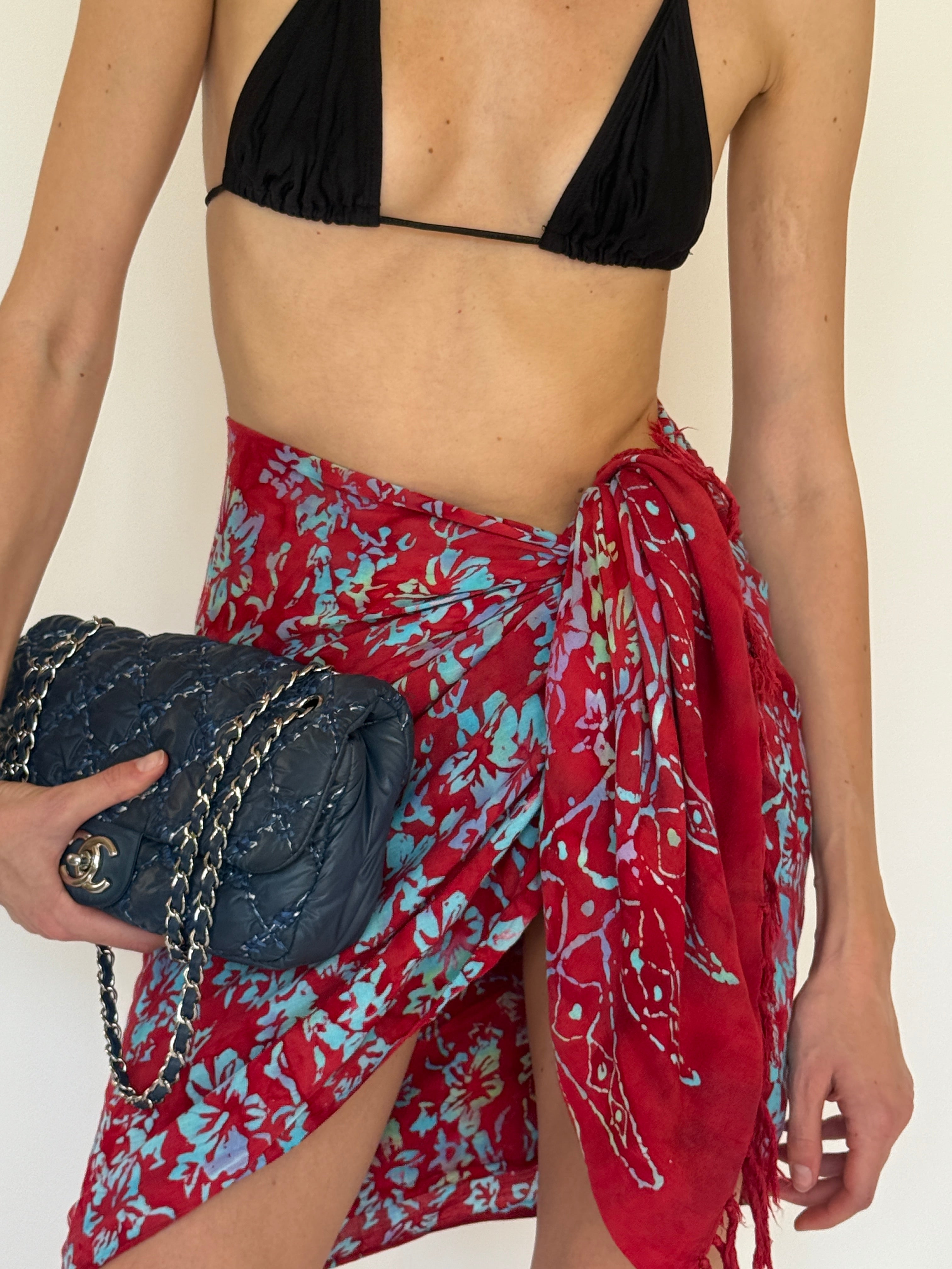 Vintage red floral wrap sarong tie detail
