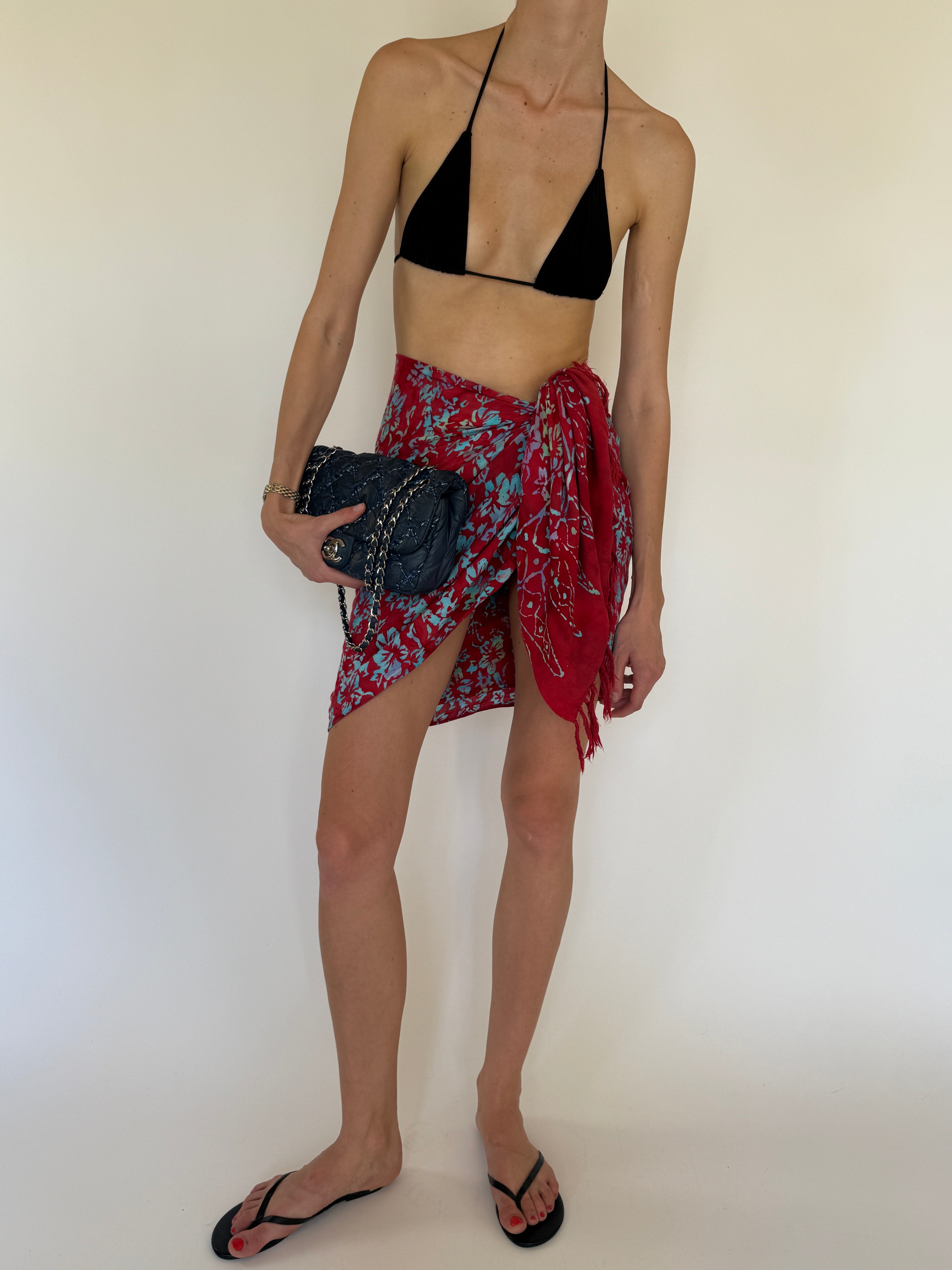 Vintage red floral wrap sarong fringe edge detail