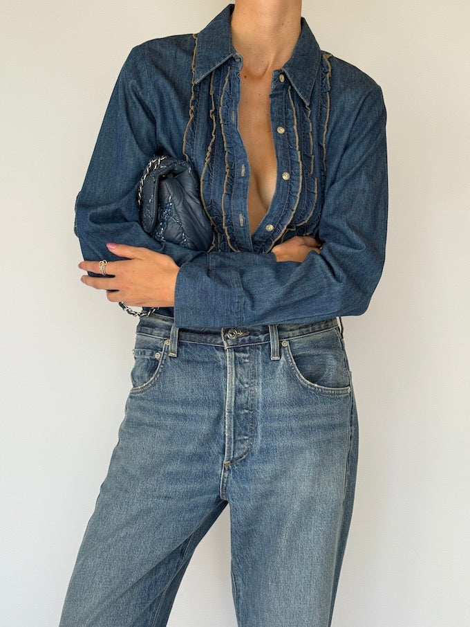 Vintage western-inspired ruffled denim shirt 6336