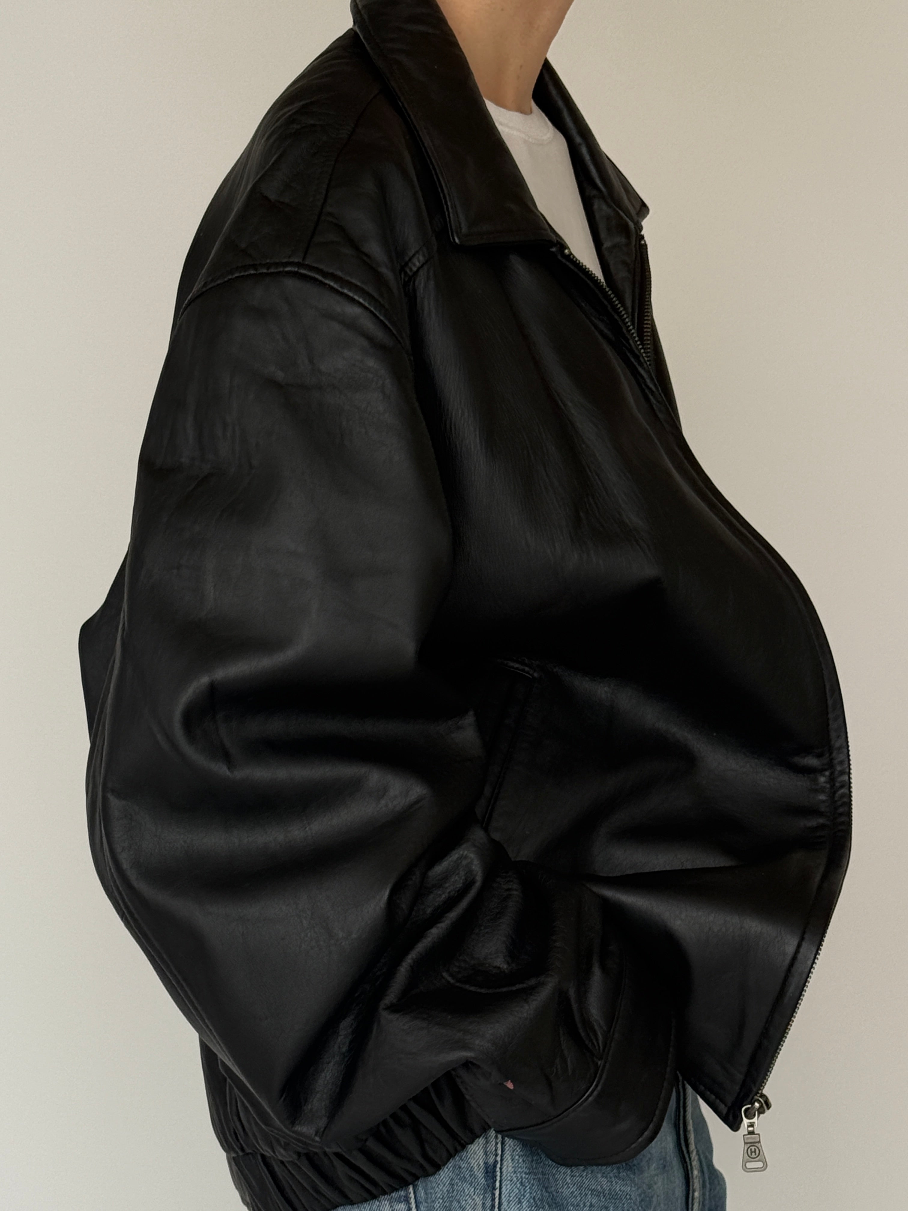 Vintage leather zip jacket black side view