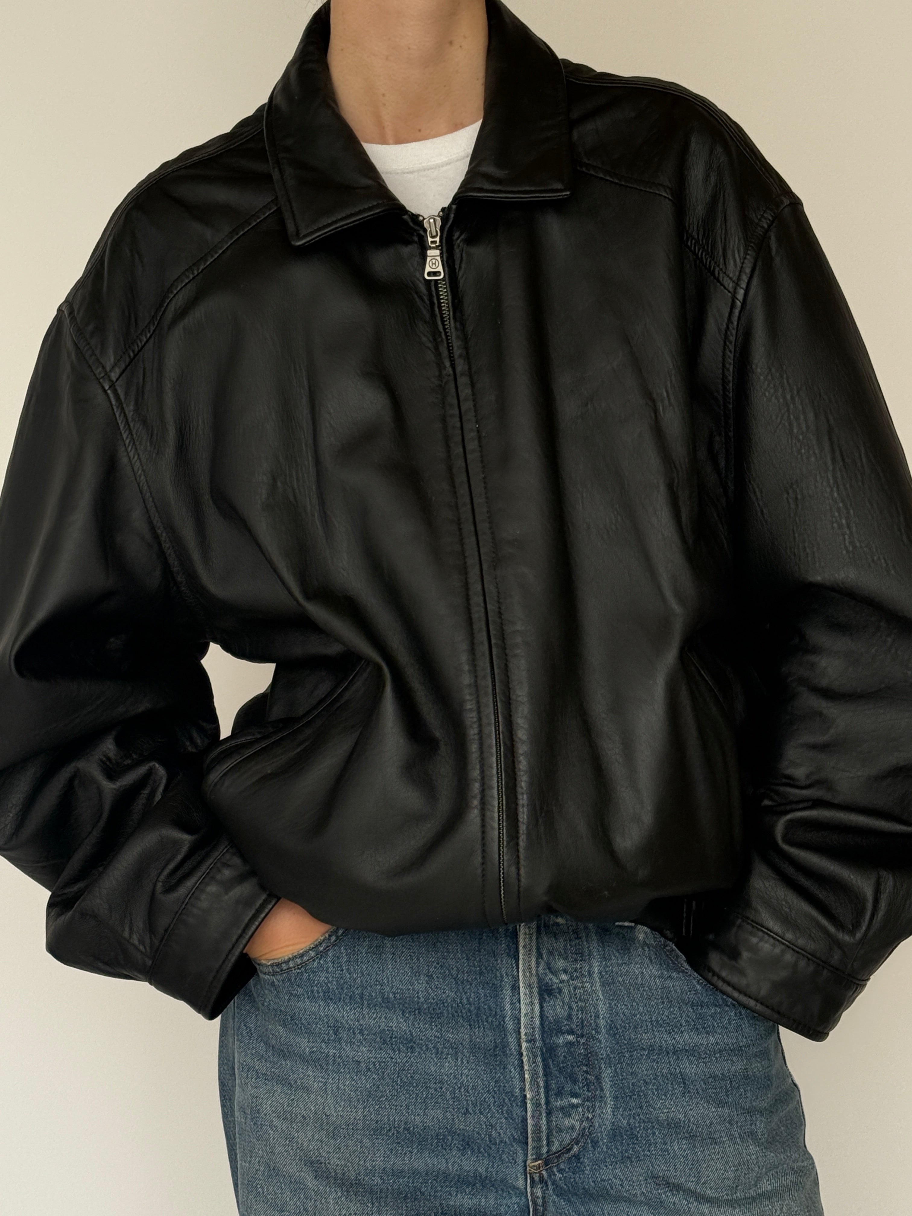 Vintage black leather zip jacket front view