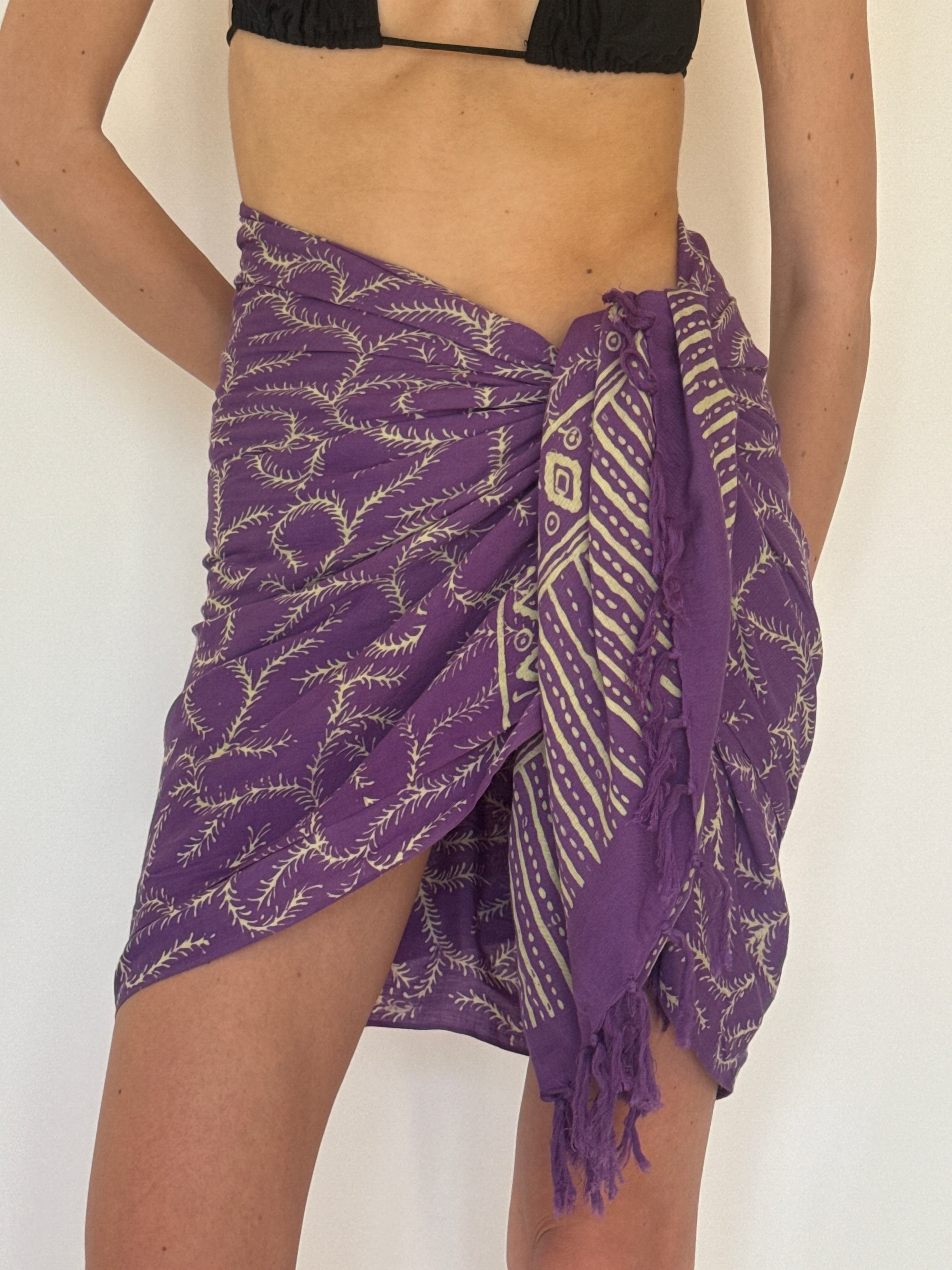 Vintage purple printed sarong front draped view