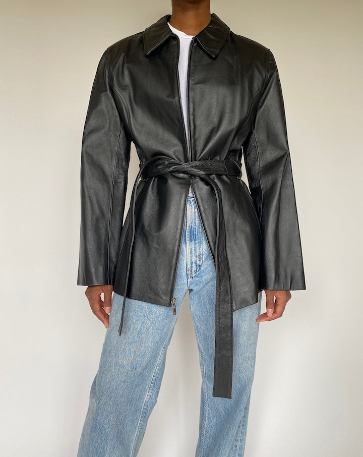 VINTAGE BLACK LEATHER TRENCH JACKET 3827