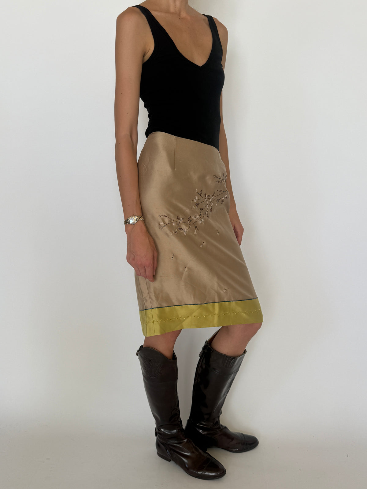 Vintage 100% Silk Embroidered Floral Pencil Skirt Beige & Chartreuse 8360