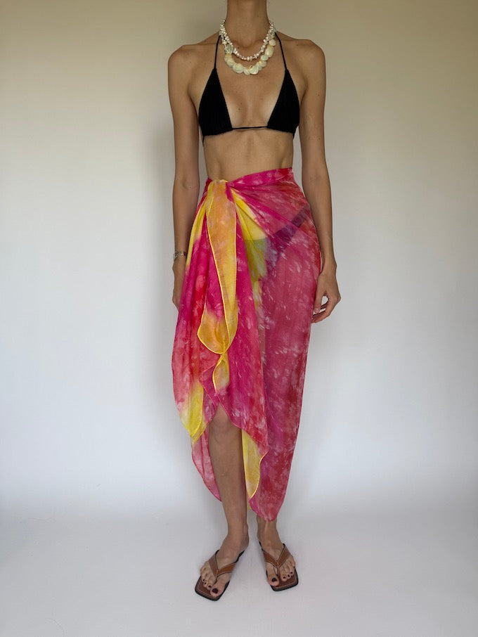 Vintage sarong tied as a top pink & yellow 6284