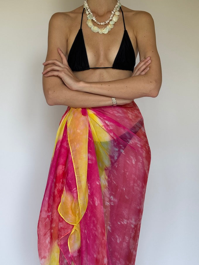 Vintage sarong tied as a top pink & yellow 6284
