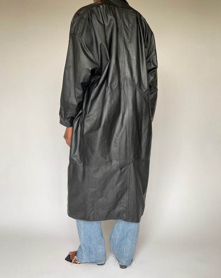 VINTAGE BLACK LONG LEATHER JACKET 3828
