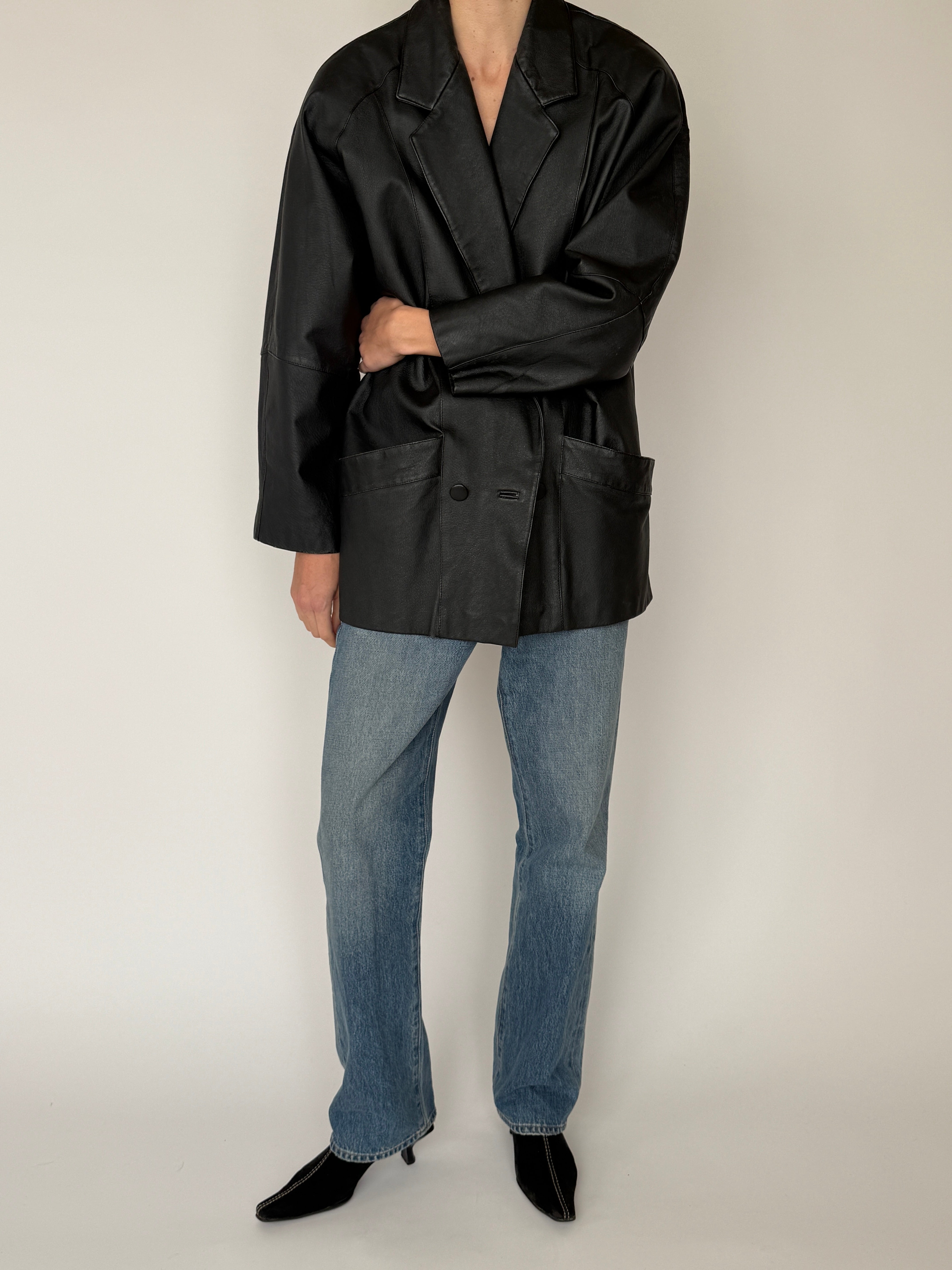 Vintage black leather blazer front view