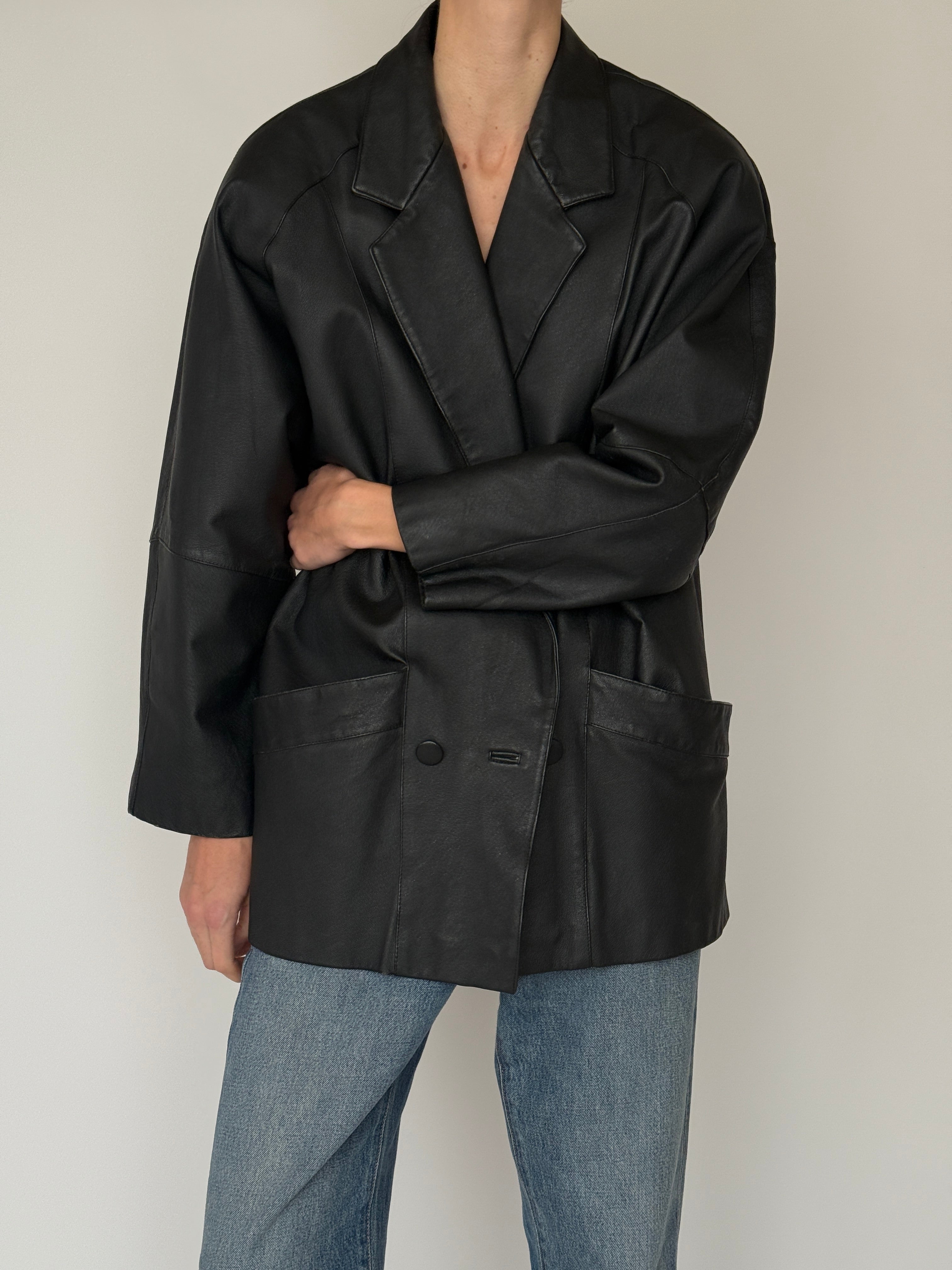 Vintage leather blazer black pocket detail