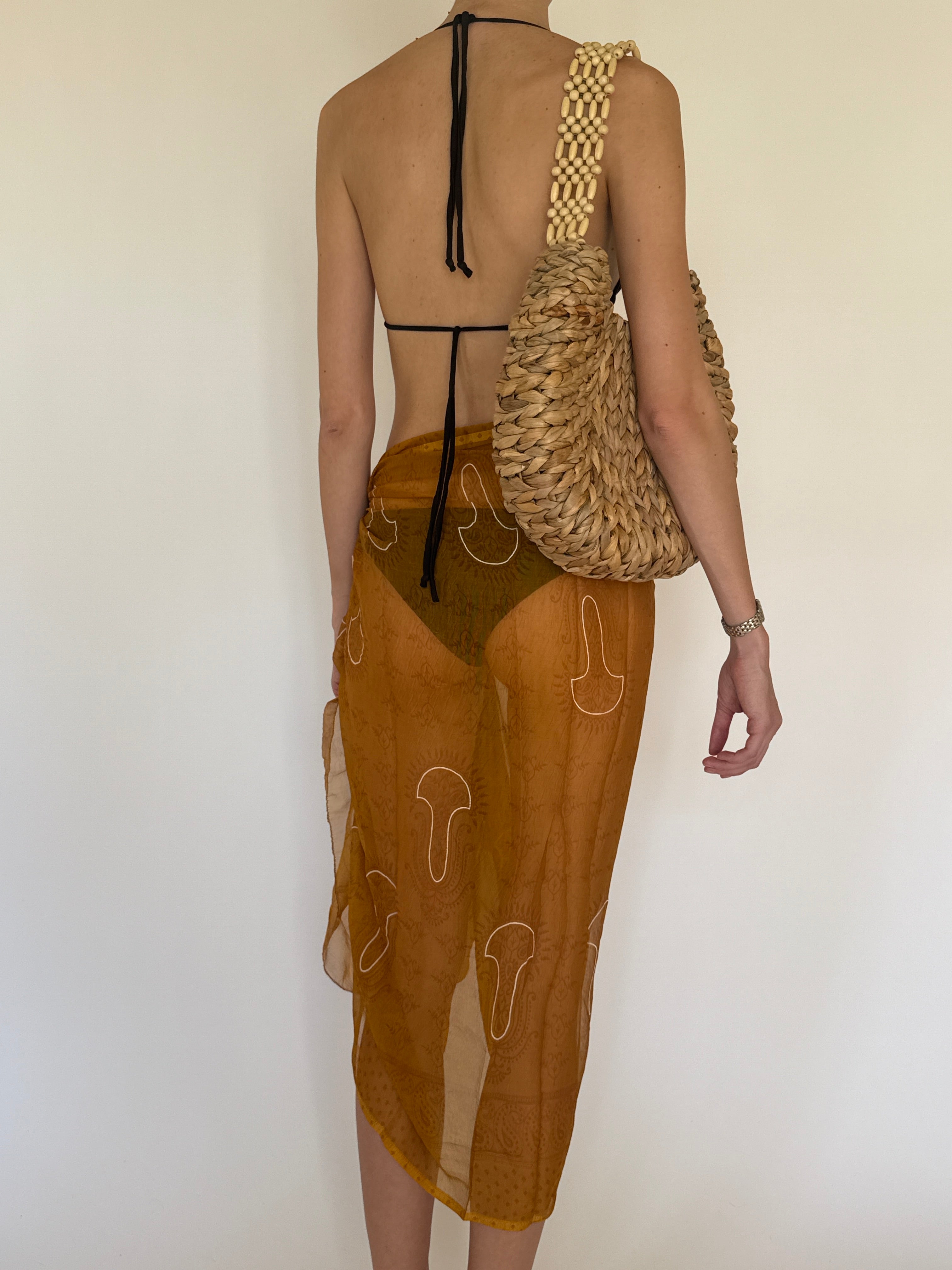 Vintage mustard sheer sarong wrap skirt back view