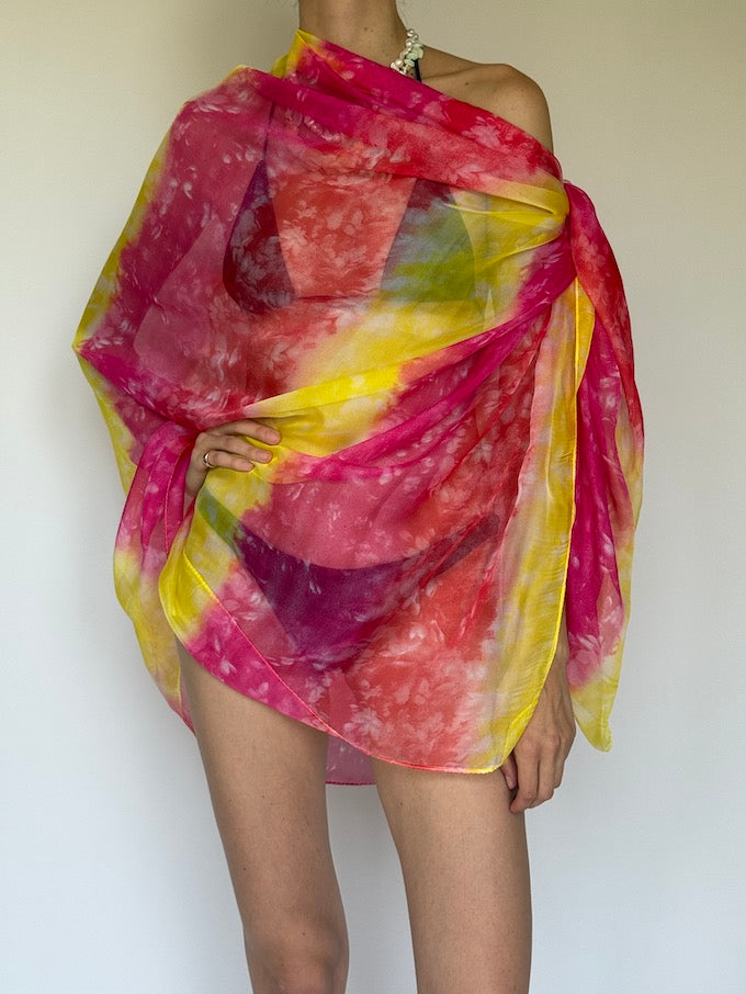 Vintage sarong tied as a top pink & yellow 6284