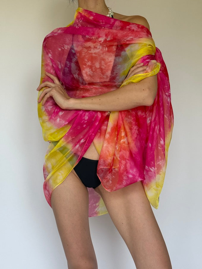 Vintage sarong tied as a top pink & yellow 6284