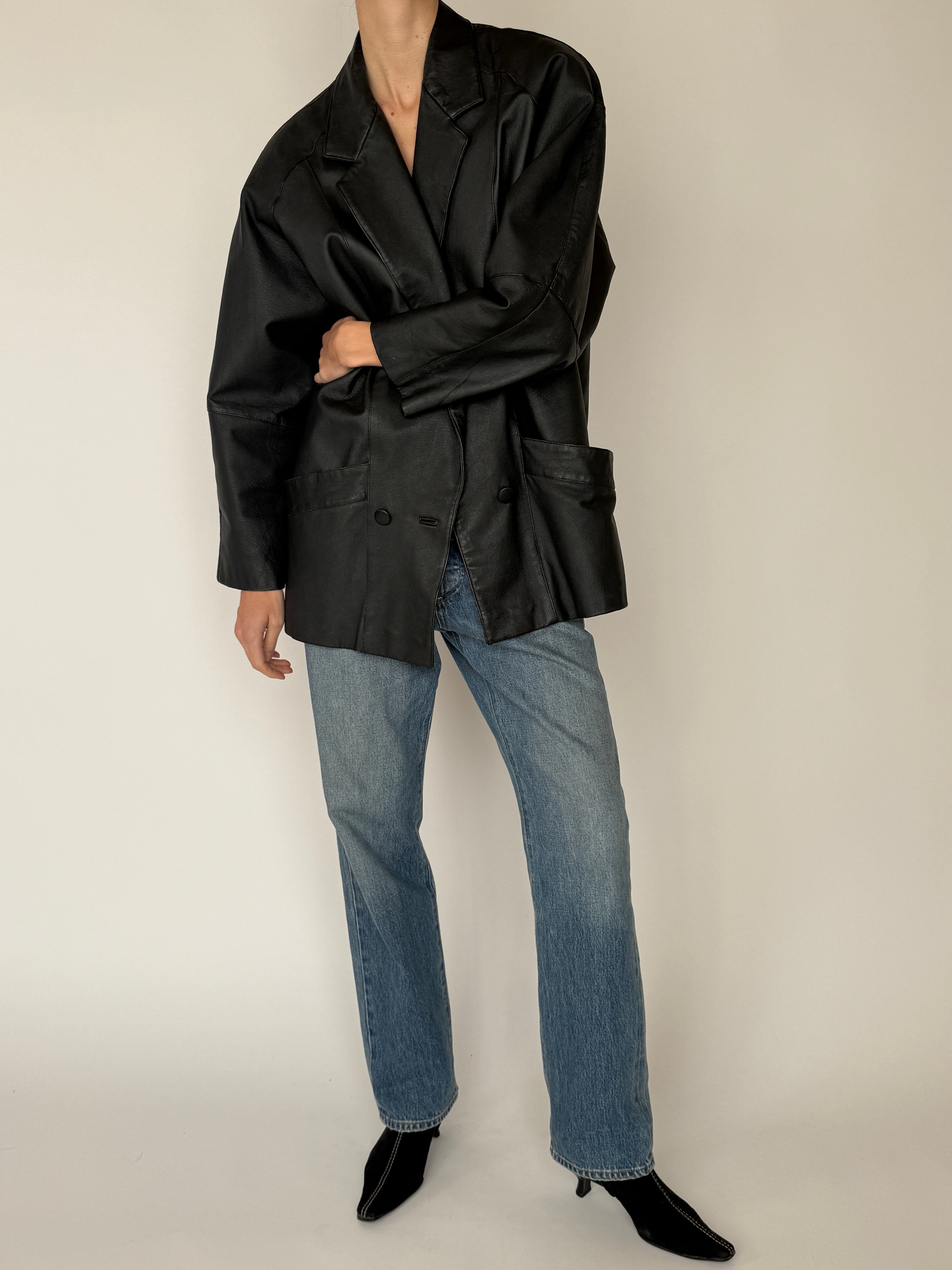 Vintage black leather blazer front view