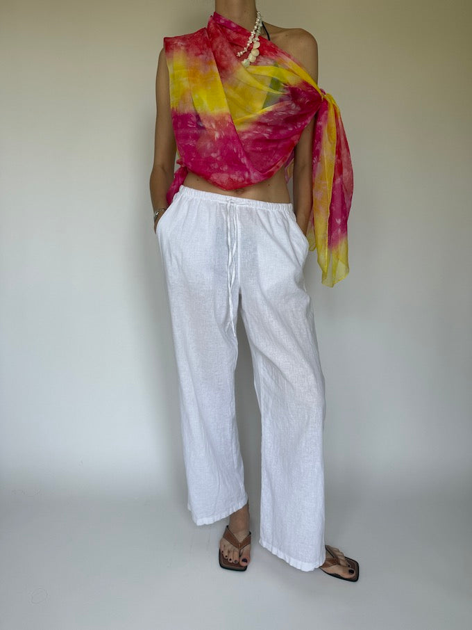 Vintage sarong tied as a top pink & yellow 6284