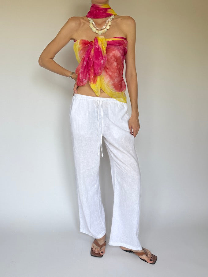 Vintage sarong tied as a top pink & yellow 6284