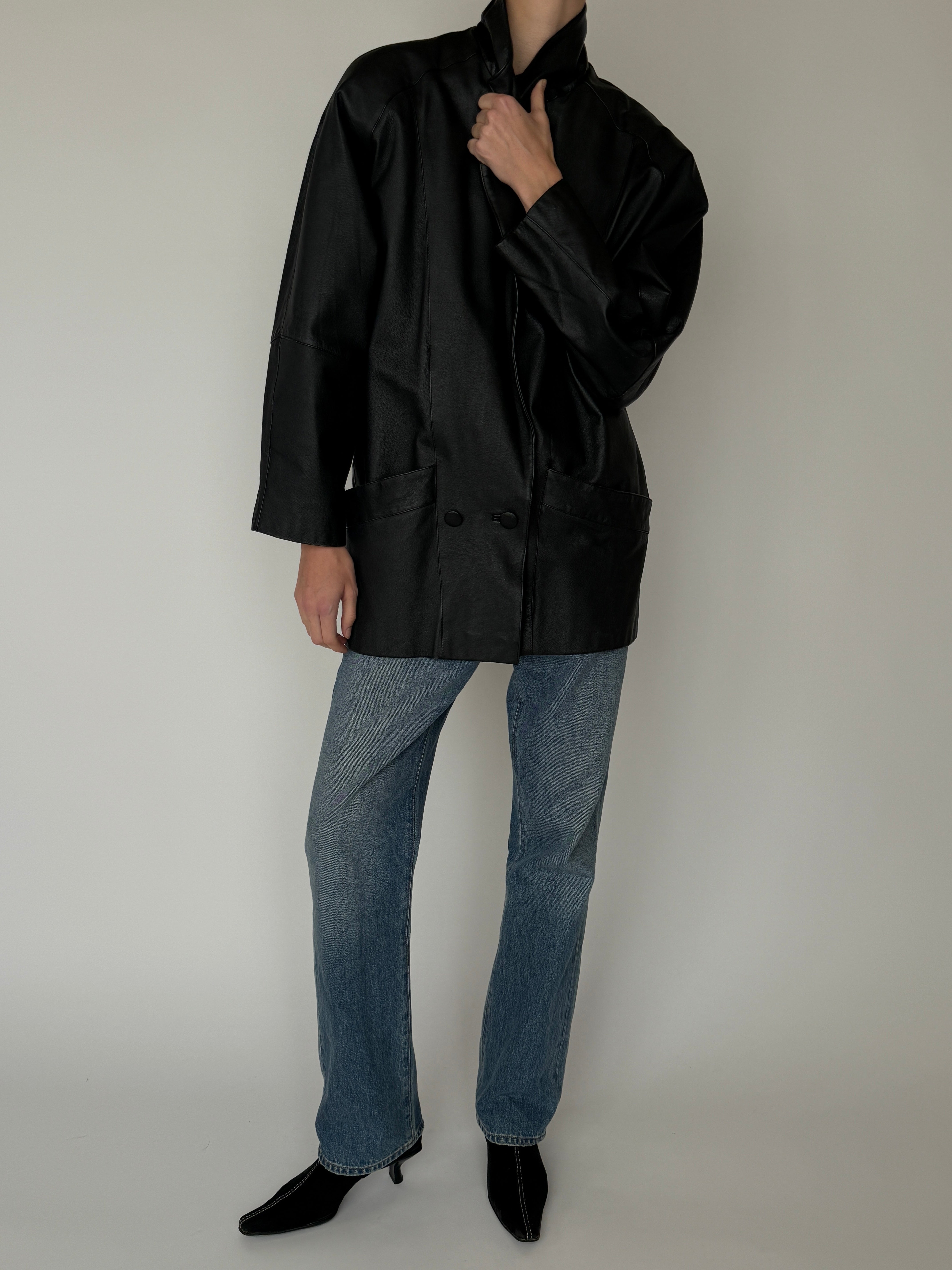 Vintage black leather blazer front view