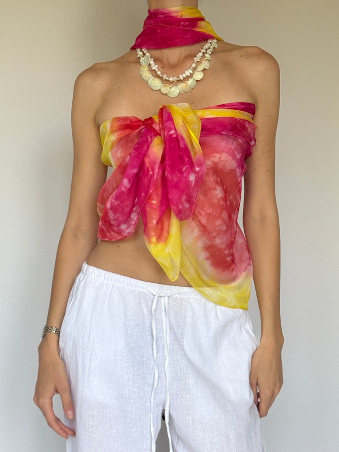 Vintage sarong tied as a top pink & yellow 6284
