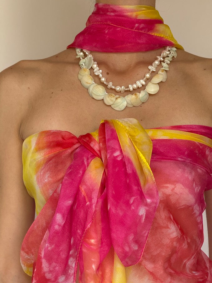 Vintage sarong tied as a top pink & yellow 6284