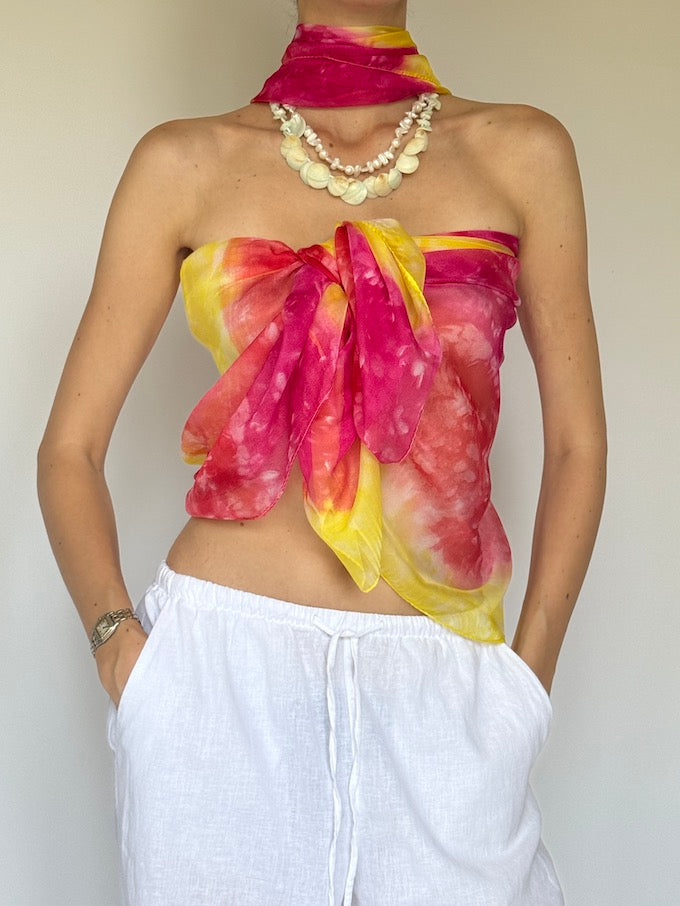 Vintage sarong tied as a top pink & yellow 6284