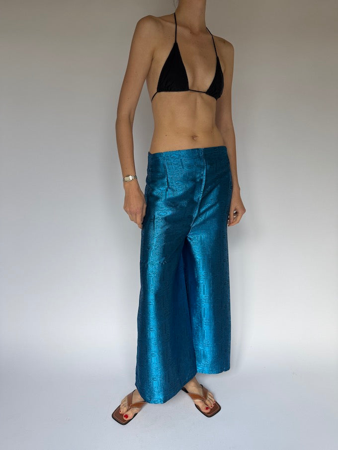 VINTAGE BROCADE WAIST-TIE WRAP PANTS BLUE METALLIC 4358