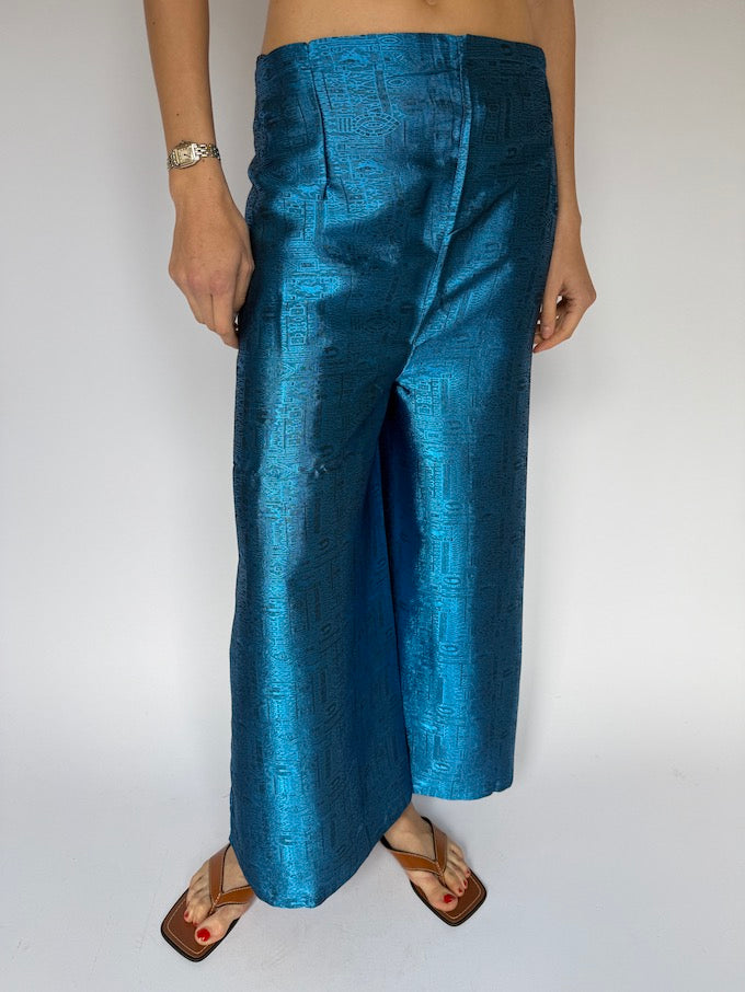 VINTAGE BROCADE WAIST-TIE WRAP PANTS BLUE METALLIC 4358