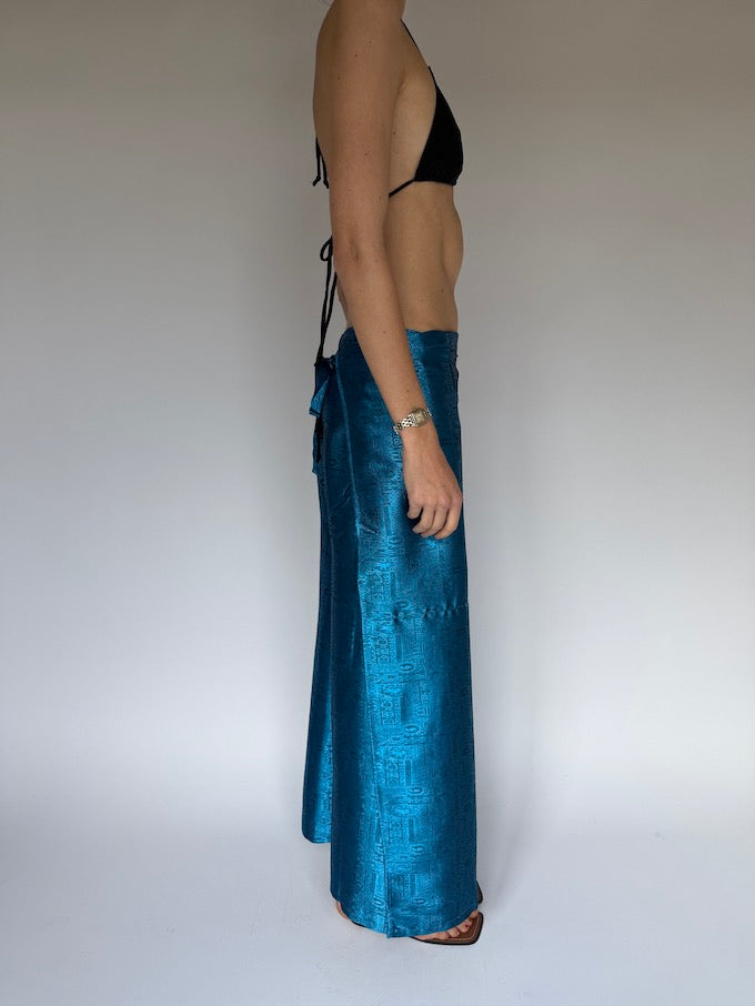 VINTAGE BROCADE WAIST-TIE WRAP PANTS BLUE METALLIC 4358