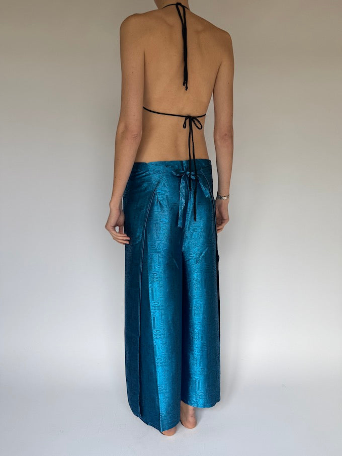 VINTAGE BROCADE WAIST-TIE WRAP PANTS BLUE METALLIC 4358