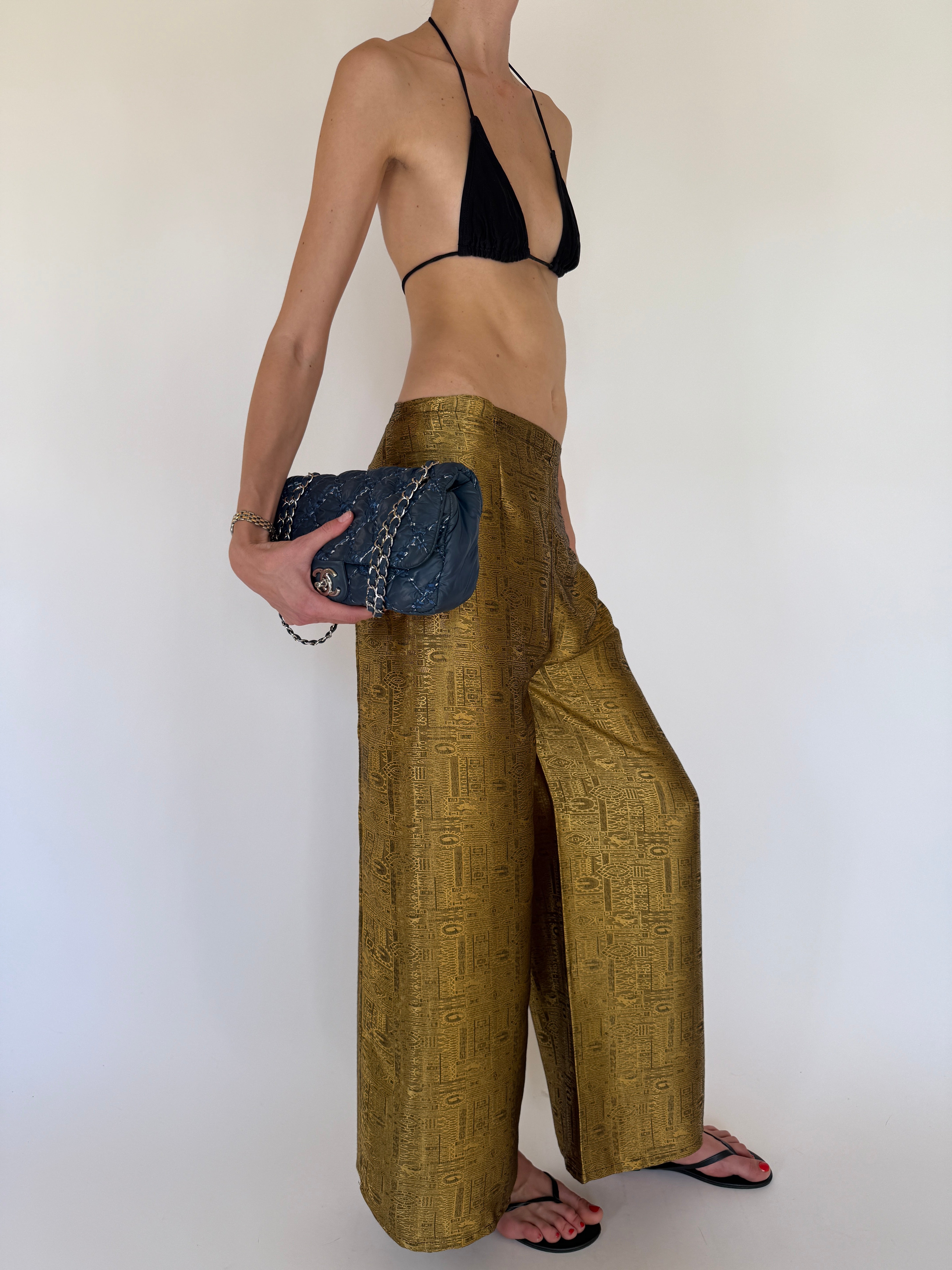 Vintage Jacquard Wide-Leg Wrap Trousers Metallic Gold 7574