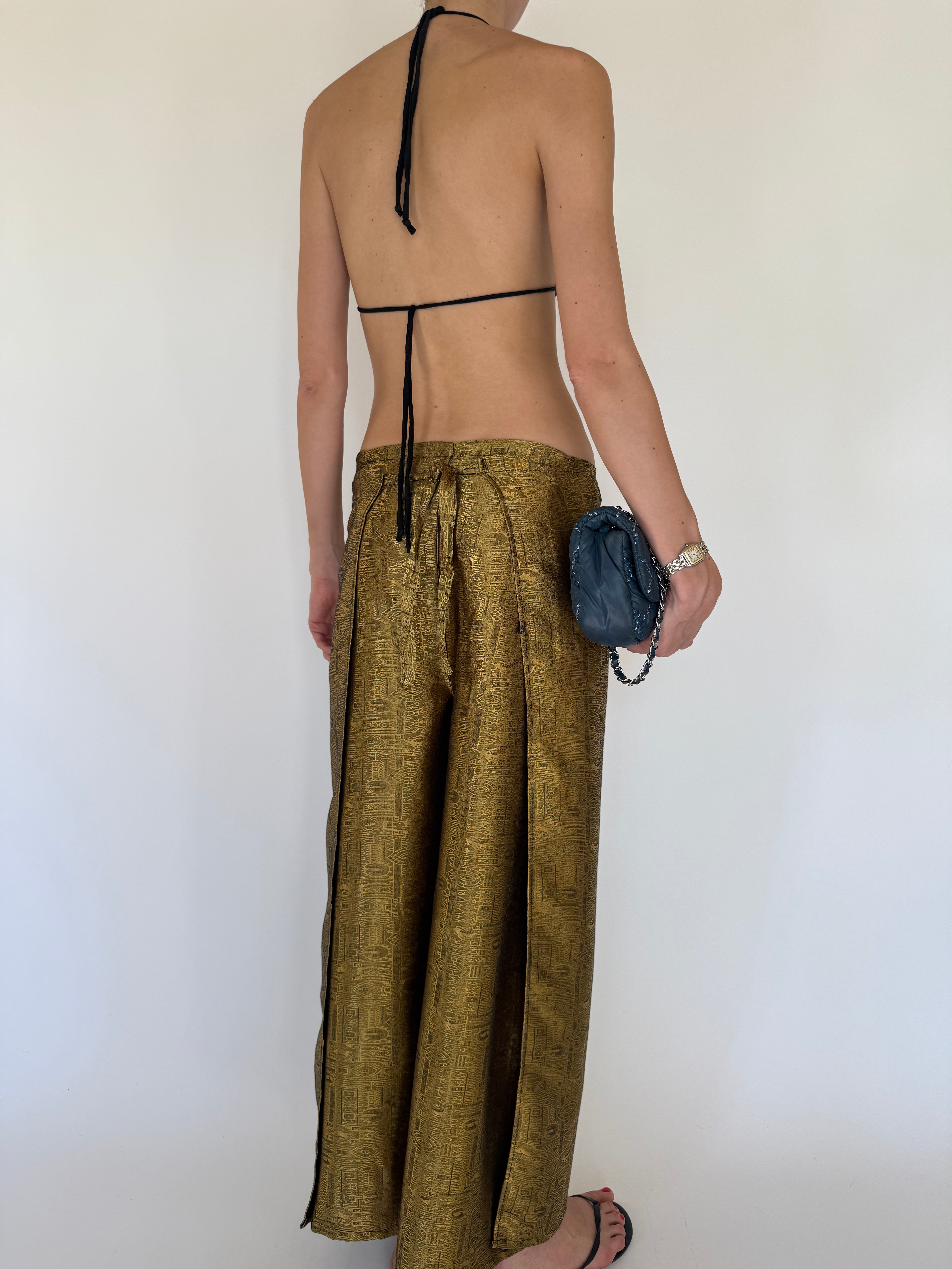 Vintage Jacquard Wide-Leg Wrap Trousers Metallic Gold 7574