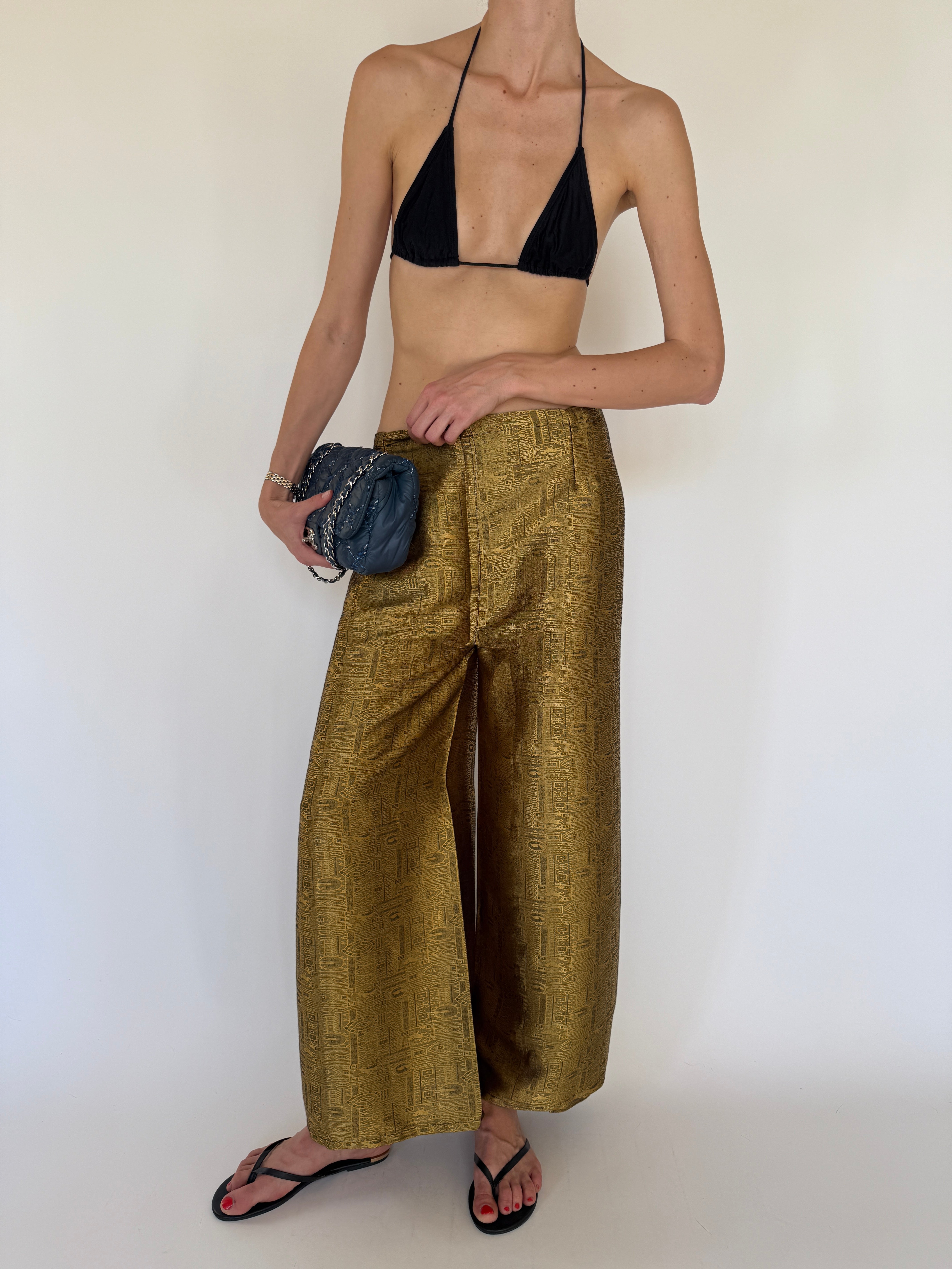 Vintage Jacquard Wide-Leg Wrap Trousers Metallic Gold 7574