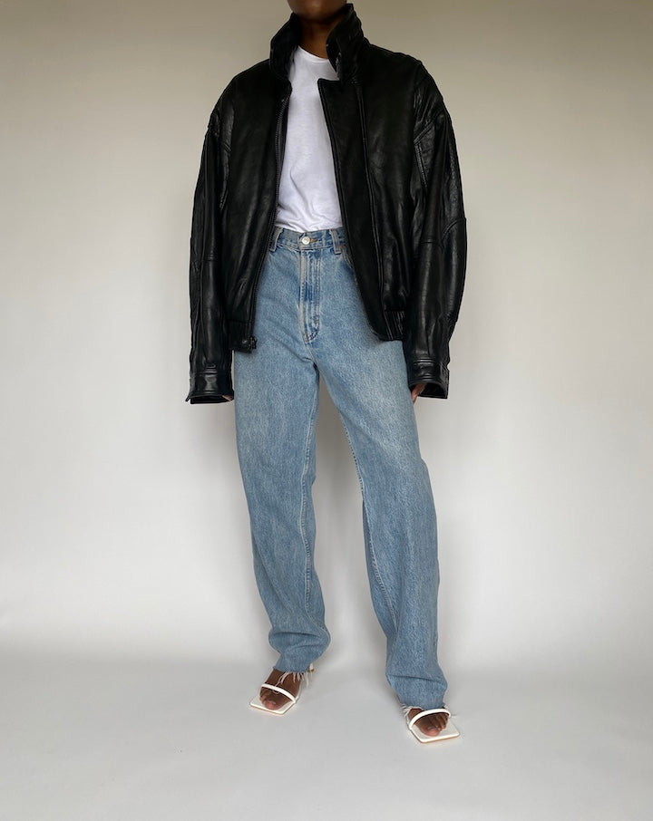VINTAGE BOXY BLACK LEATHER JACKET 3836