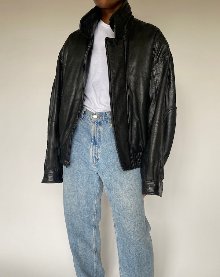 VINTAGE BOXY BLACK LEATHER JACKET 3836