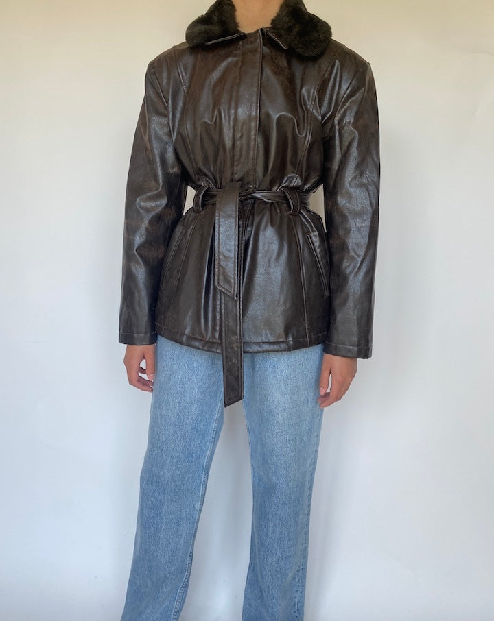 VINTAGE DARK BROWN SHORT TRENCH LEATHER JACKET 3429