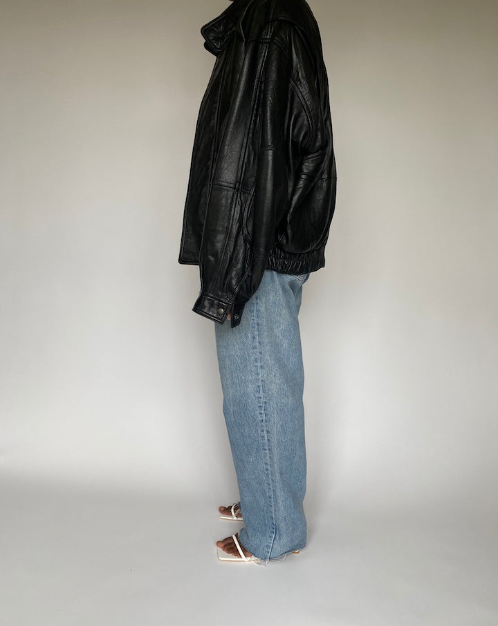 VINTAGE BOXY BLACK LEATHER JACKET 3836