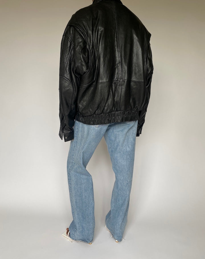 VINTAGE BOXY BLACK LEATHER JACKET 3836