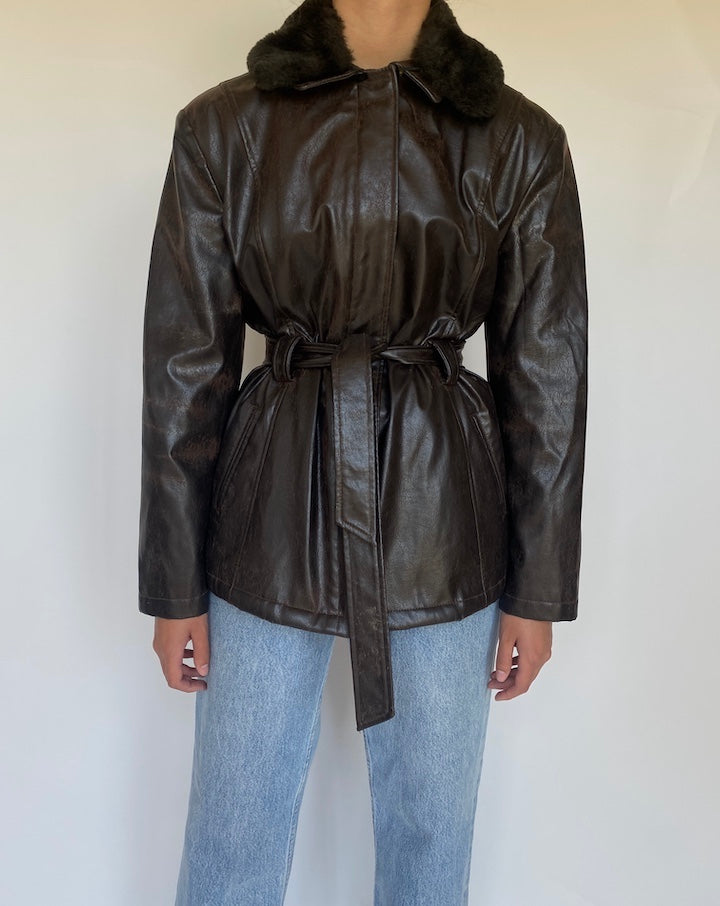 VINTAGE DARK BROWN SHORT TRENCH LEATHER JACKET 3429