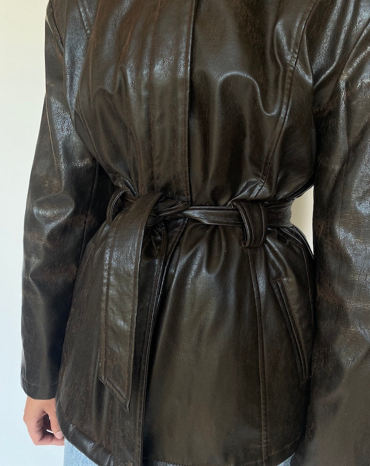 VINTAGE DARK BROWN SHORT TRENCH LEATHER JACKET 3429